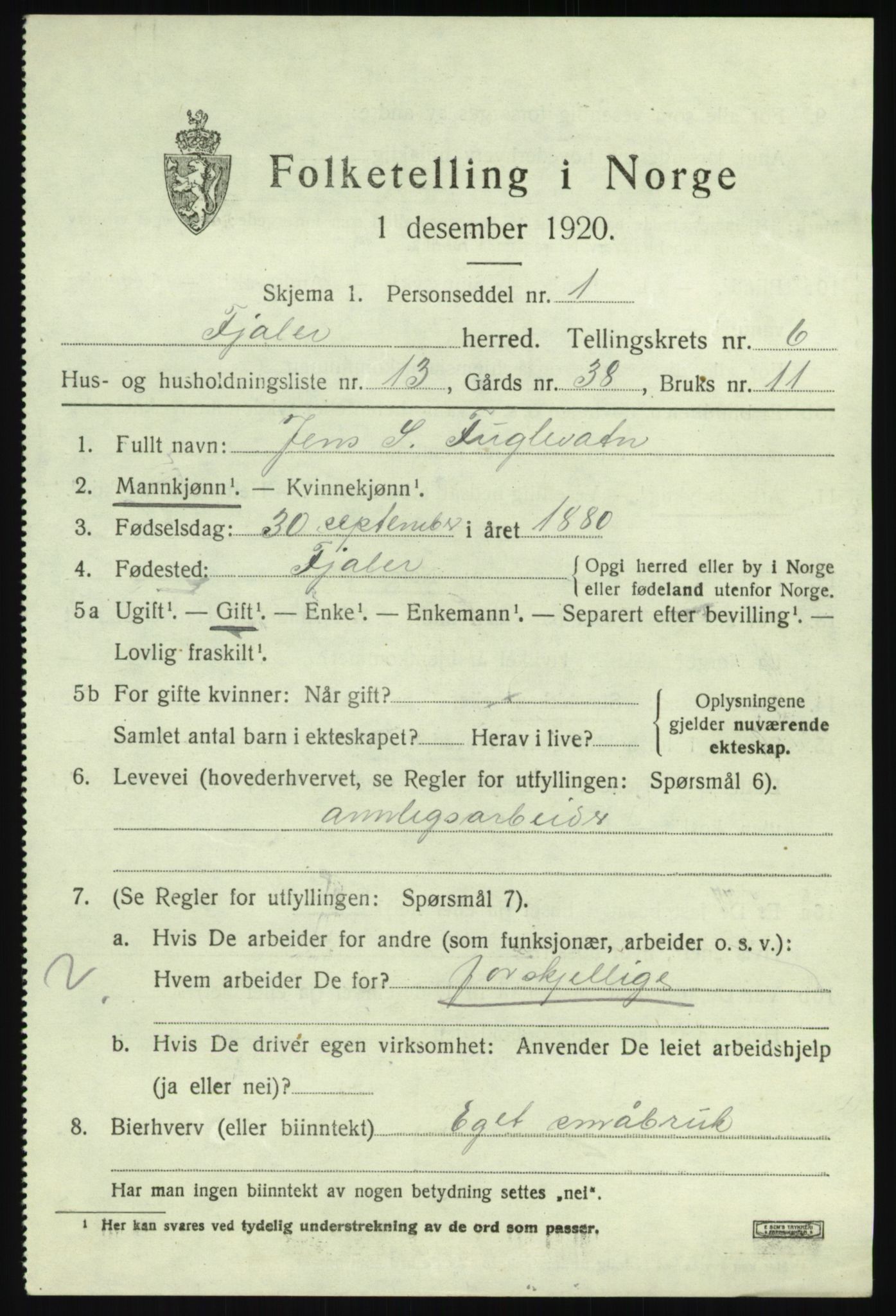 SAB, 1920 census for Fjaler, 1920, p. 3891