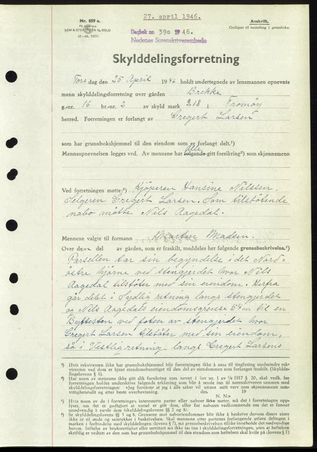 Nedenes sorenskriveri, SAK/1221-0006/G/Gb/Gba/L0054: Mortgage book no. A6c, 1946-1946, Diary no: : 390/1946