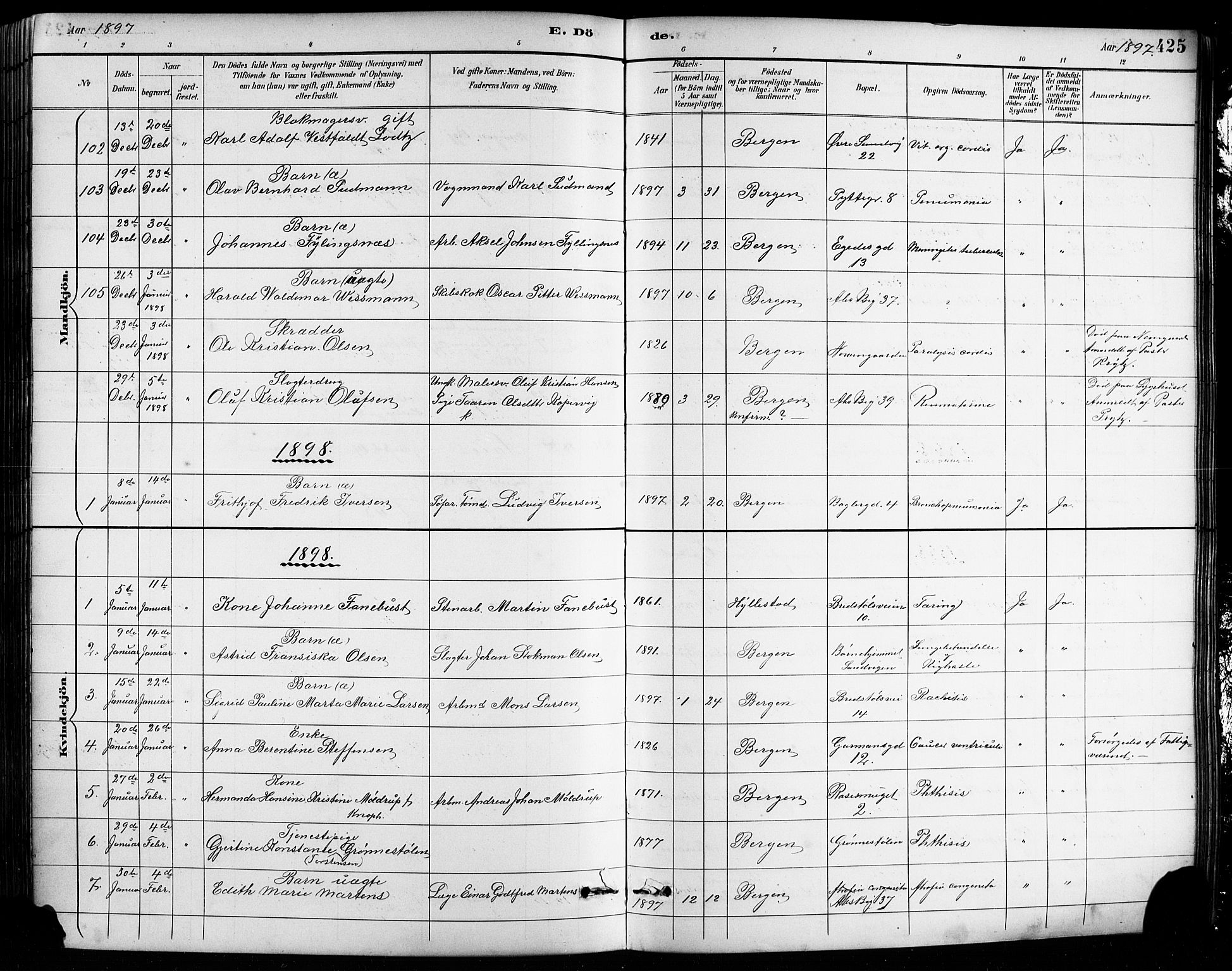 Sandviken Sokneprestembete, SAB/A-77601/H/Hb/L0002: Parish register (copy) no. A 3, 1888-1902, p. 425