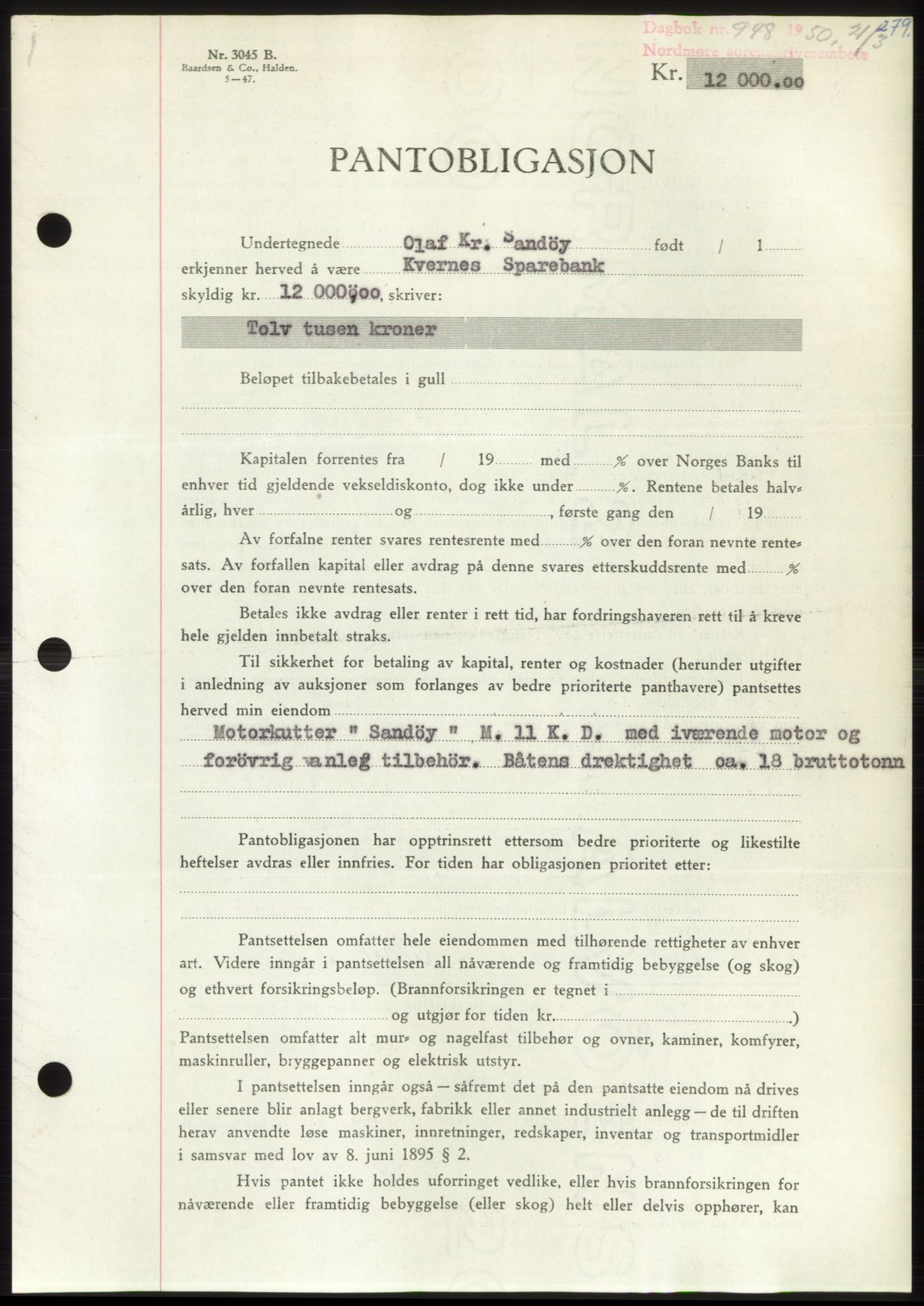 Nordmøre sorenskriveri, AV/SAT-A-4132/1/2/2Ca: Mortgage book no. B104, 1950-1950, Diary no: : 948/1950