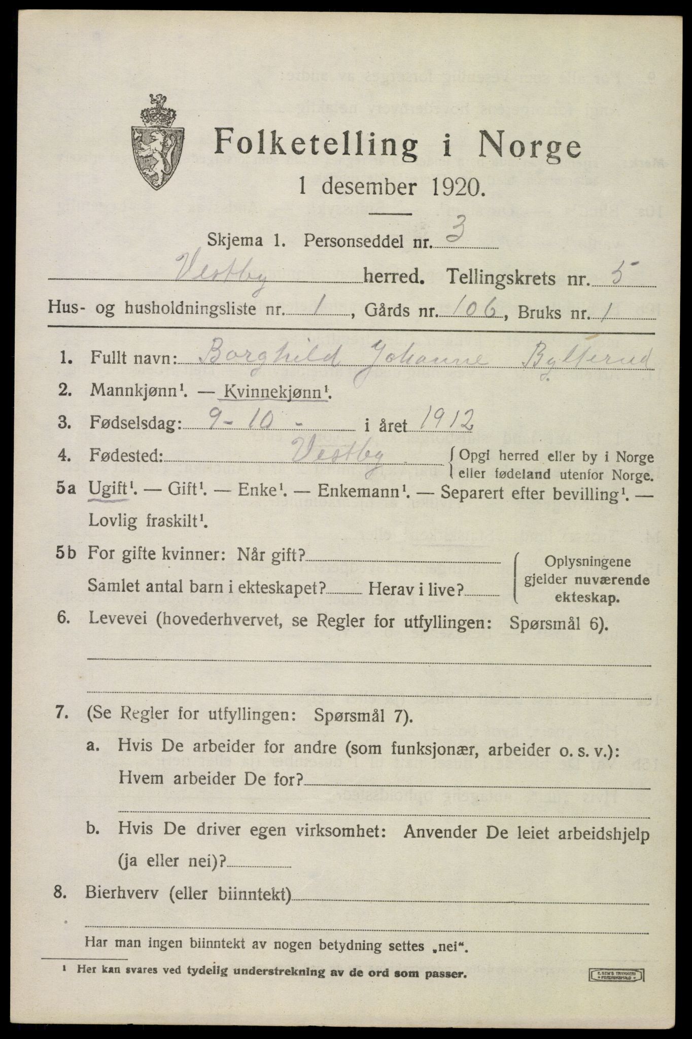 SAO, 1920 census for Vestby, 1920, p. 5281