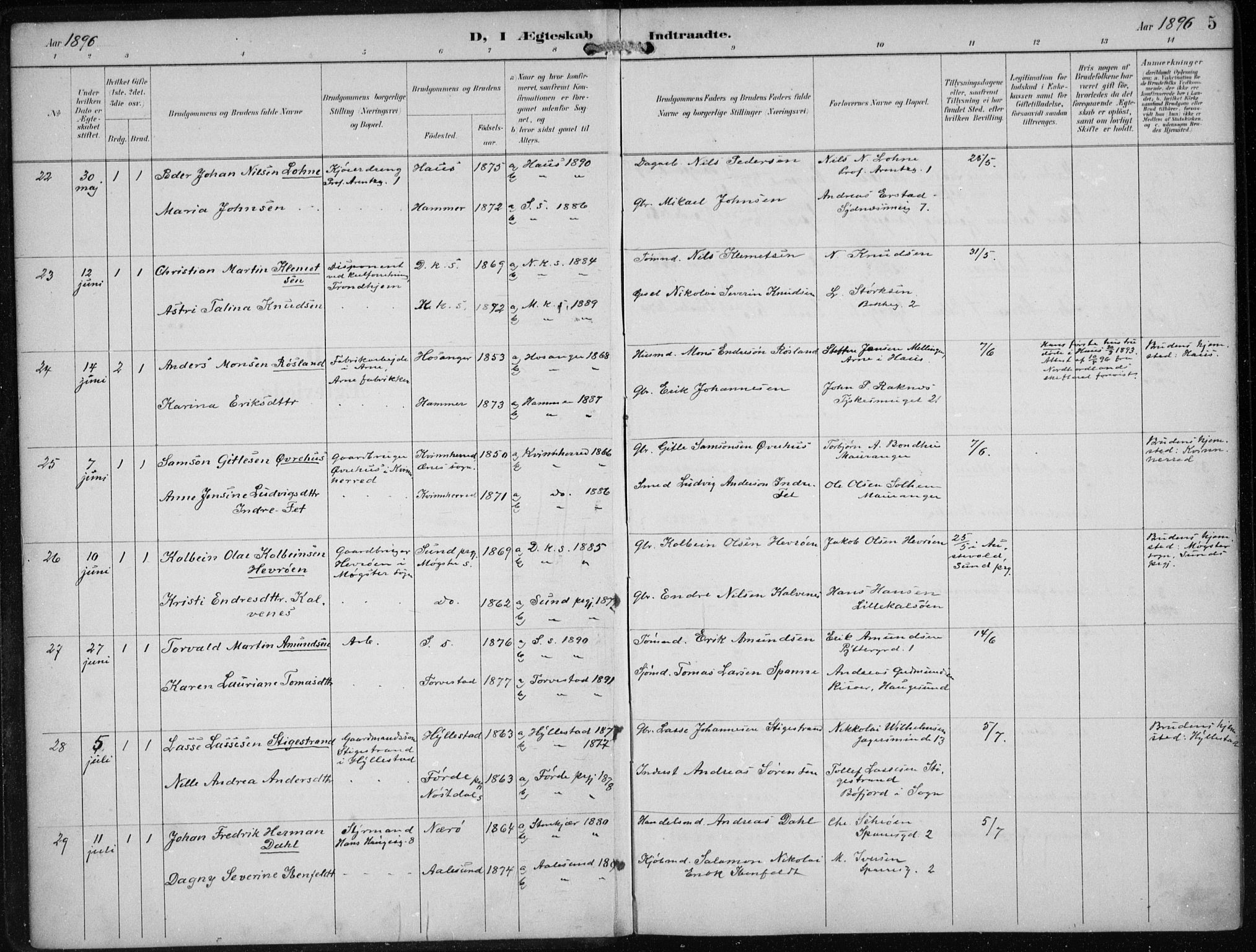 Sandviken Sokneprestembete, SAB/A-77601/H/Ha/L0014: Parish register (official) no. D 1, 1896-1911, p. 5