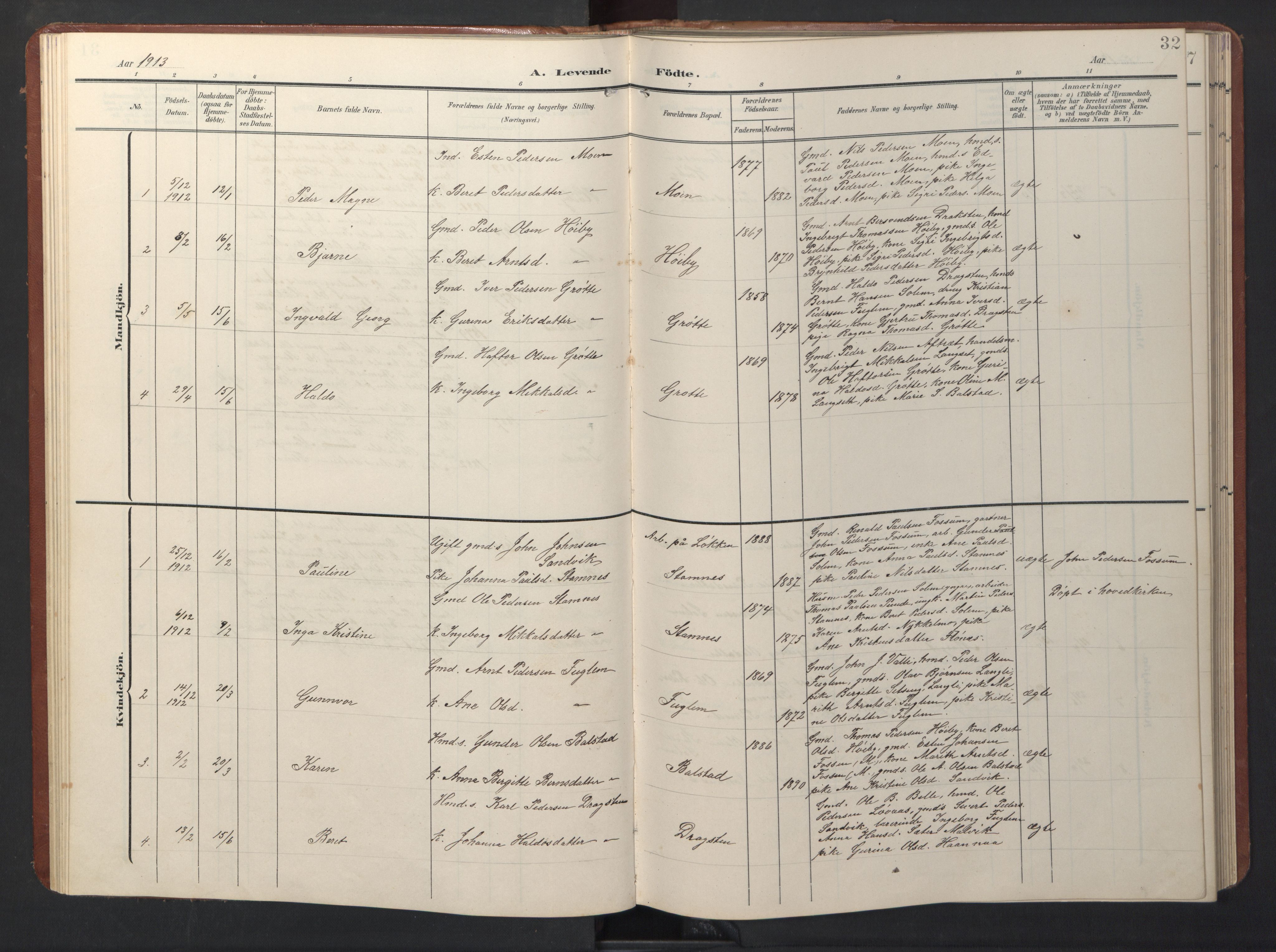 Ministerialprotokoller, klokkerbøker og fødselsregistre - Sør-Trøndelag, AV/SAT-A-1456/696/L1161: Parish register (copy) no. 696C01, 1902-1950, p. 32