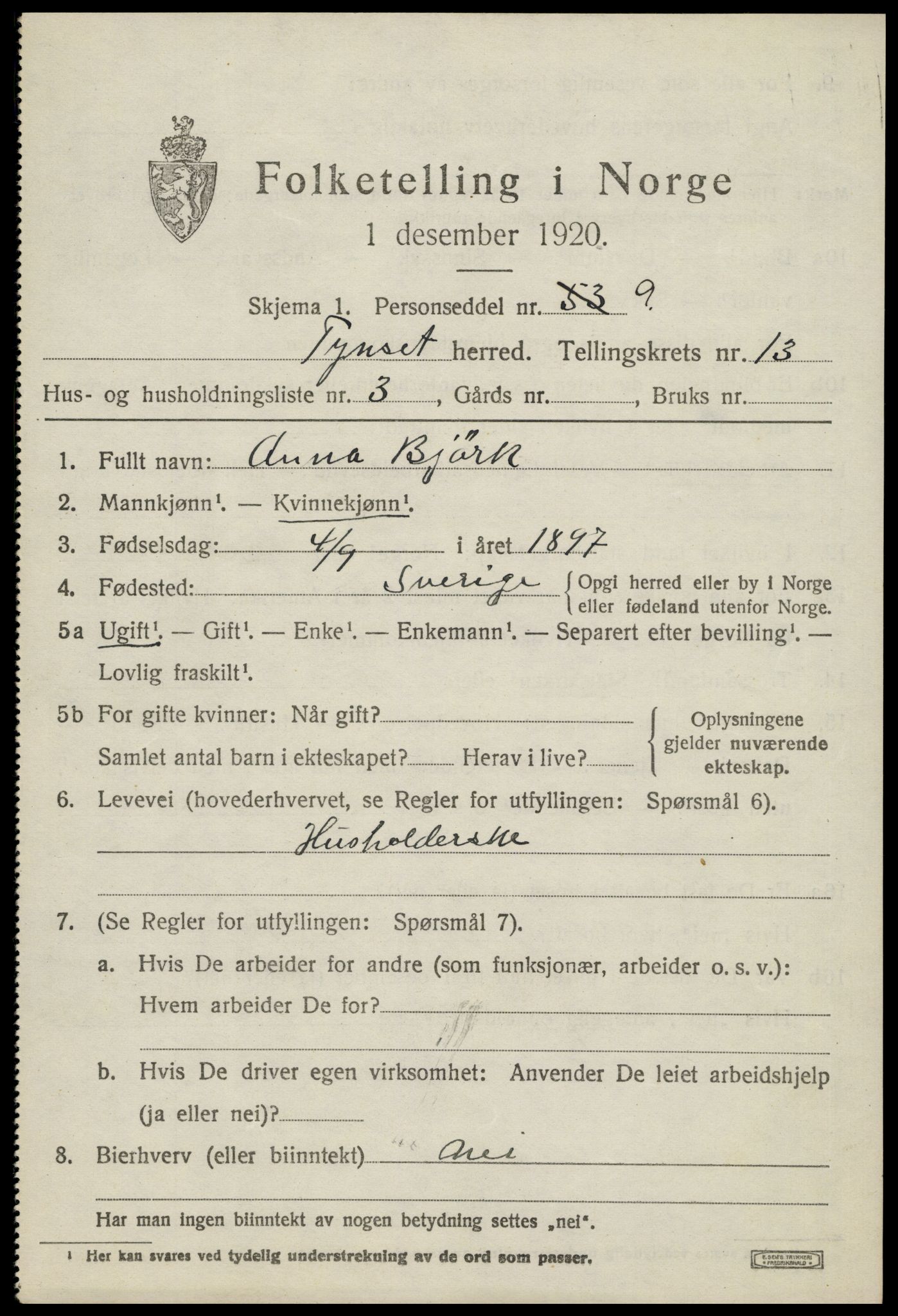 SAH, 1920 census for Tynset, 1920, p. 8604