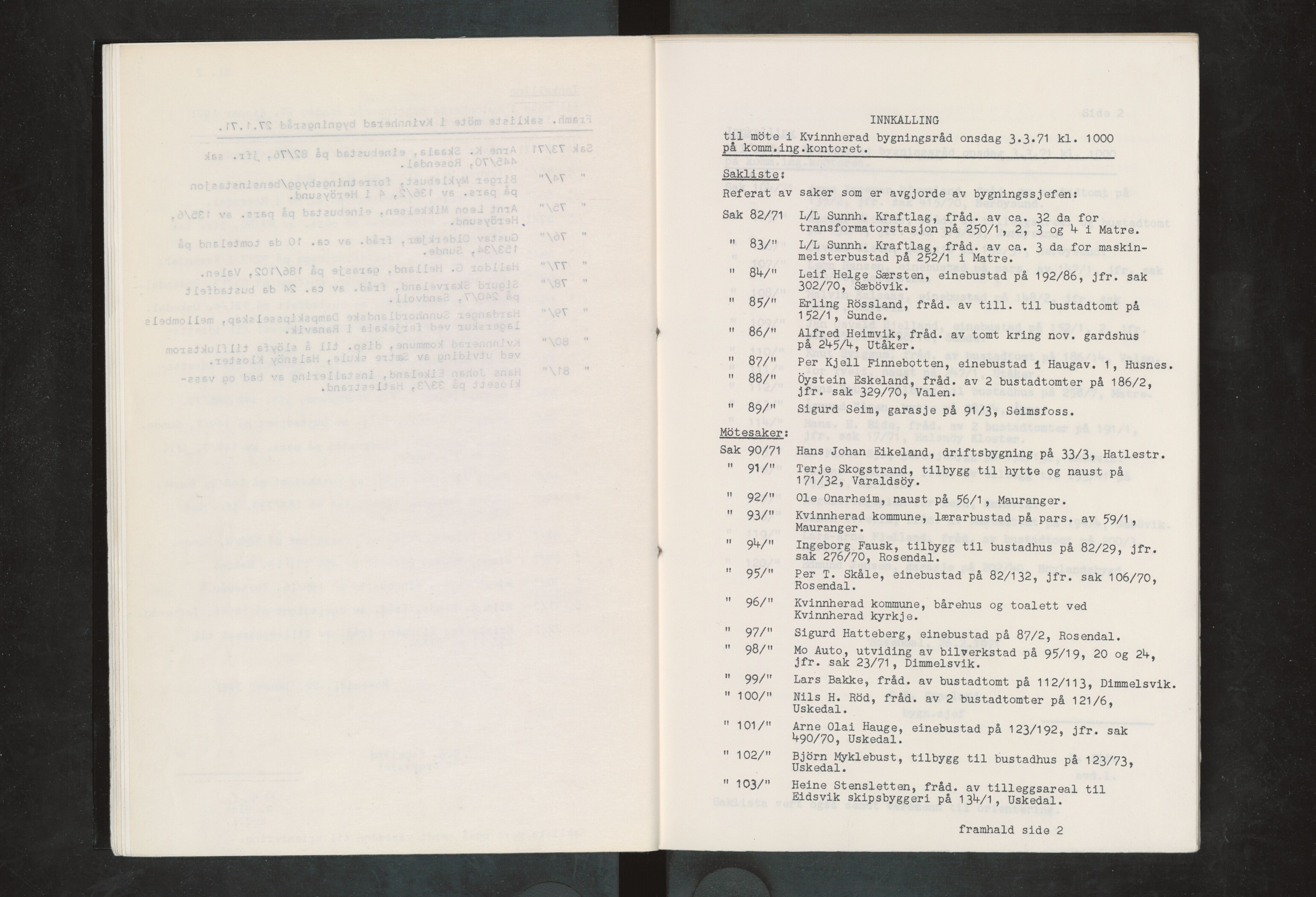 Kvinnherad kommune. Bygningsrådet , IKAH/1224-511/A/Aa/L0004: Møtebøker for bygningsrådet , 1971