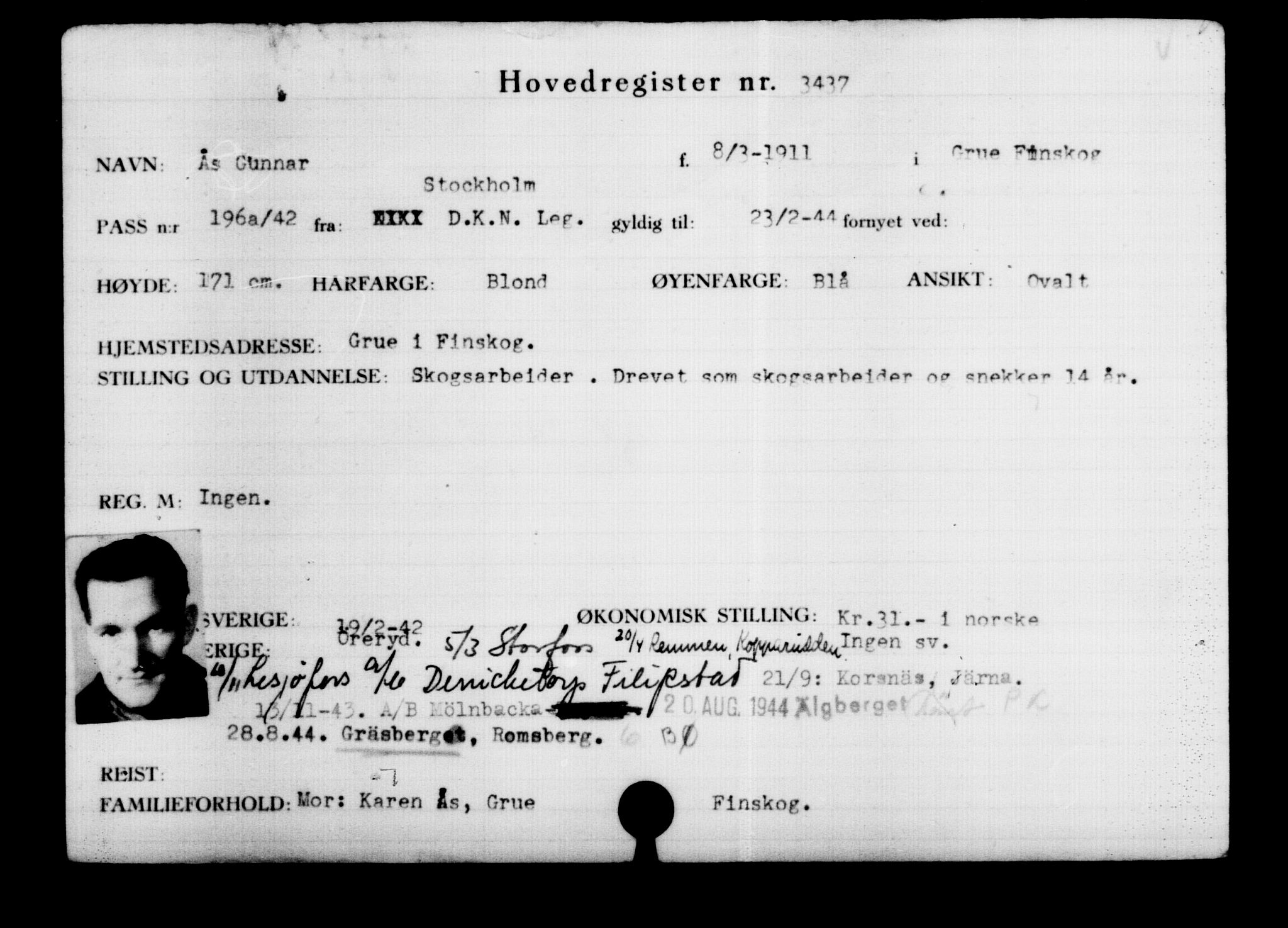 Utenriksstasjonene, Legasjonen i Stockholm, Flyktningkontoret, AV/RA-S-6753/V/Va/L0003: Kjesäterkartoteket, flyktninger med registreringsnr. 2001-3495, 1940-1945, p. 1944