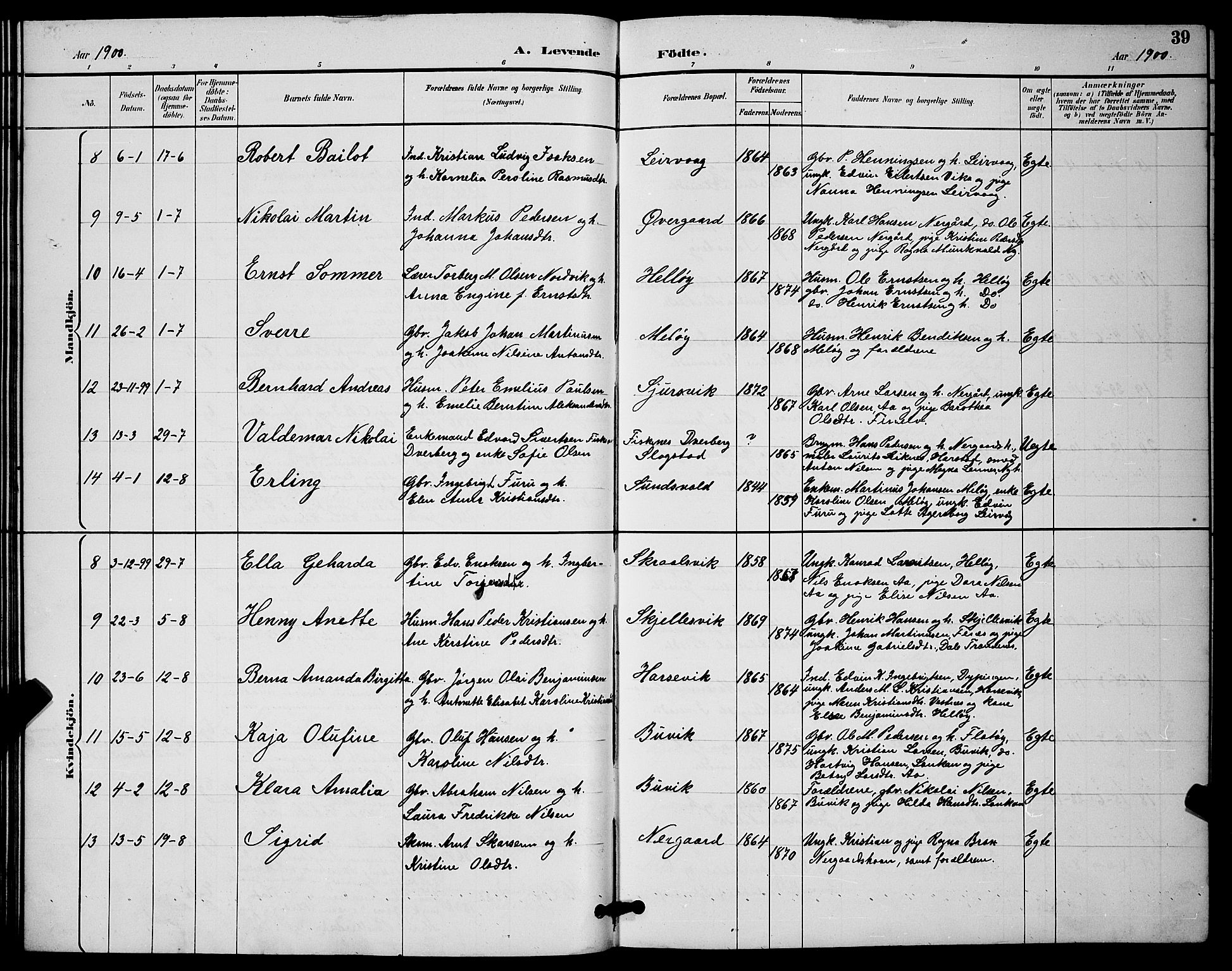 Sand/Bjarkøy sokneprestkontor, AV/SATØ-S-0811/I/Ia/Iab/L0003klokker: Parish register (copy) no. 3, 1891-1904, p. 39