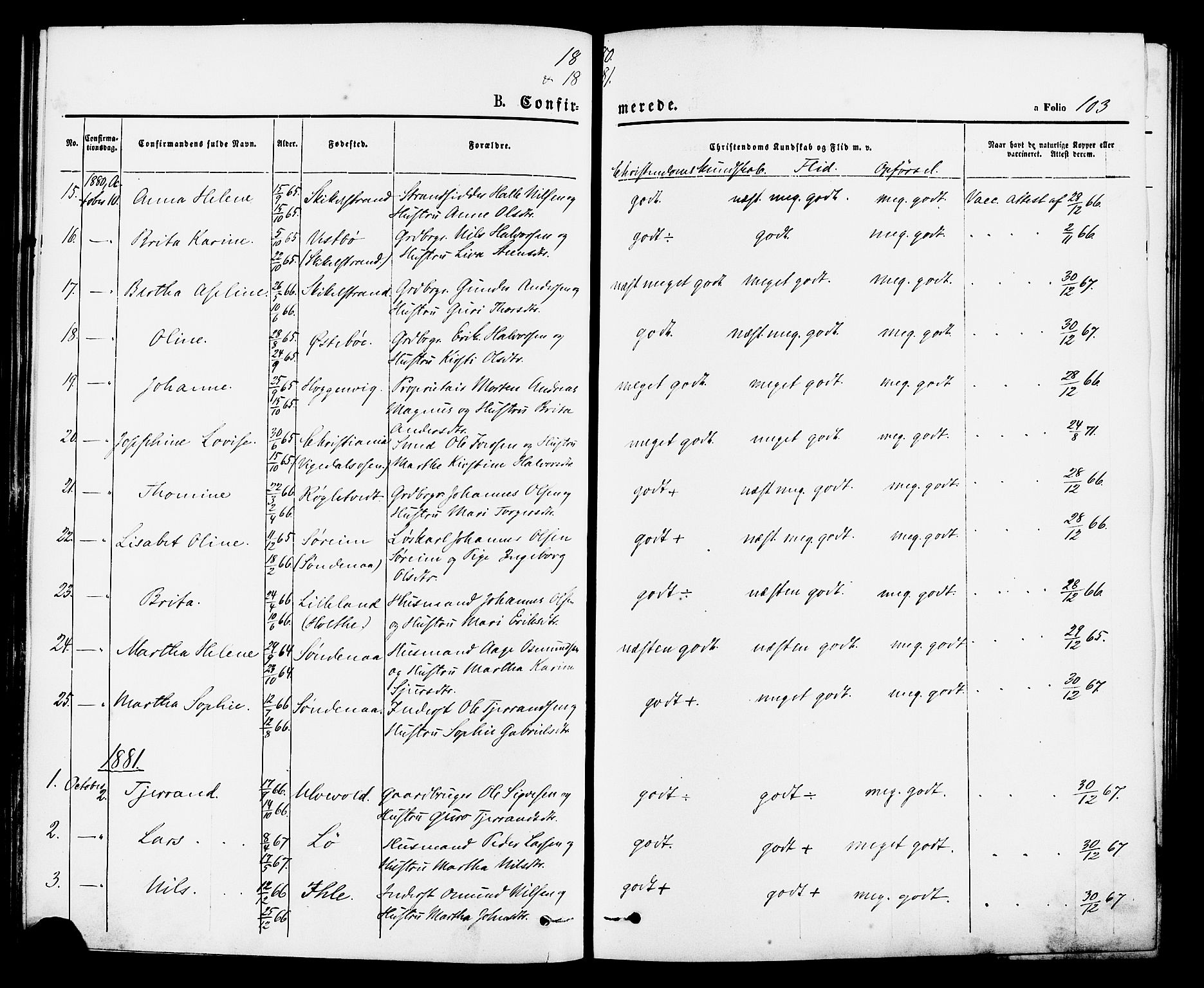 Vikedal sokneprestkontor, SAST/A-101840/01/IV: Parish register (official) no. A 7, 1868-1883, p. 103