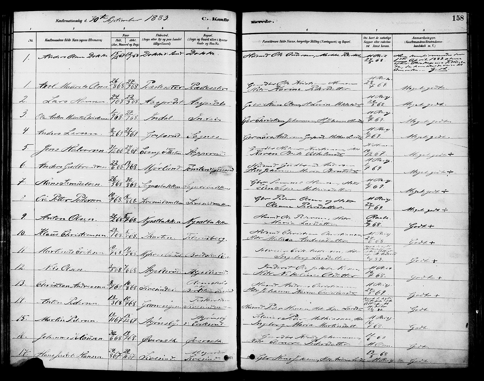 Vestre Toten prestekontor, SAH/PREST-108/H/Ha/Haa/L0009: Parish register (official) no. 9, 1878-1894, p. 158
