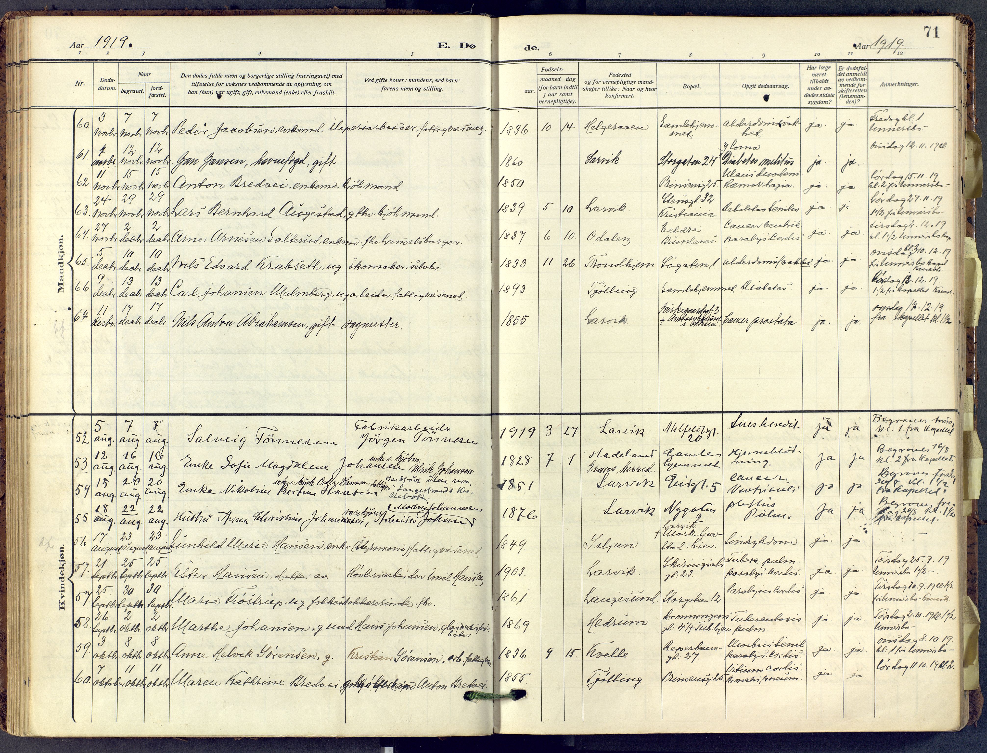 Larvik kirkebøker, AV/SAKO-A-352/F/Fa/L0013: Parish register (official) no. I 13, 1910-1960, p. 71