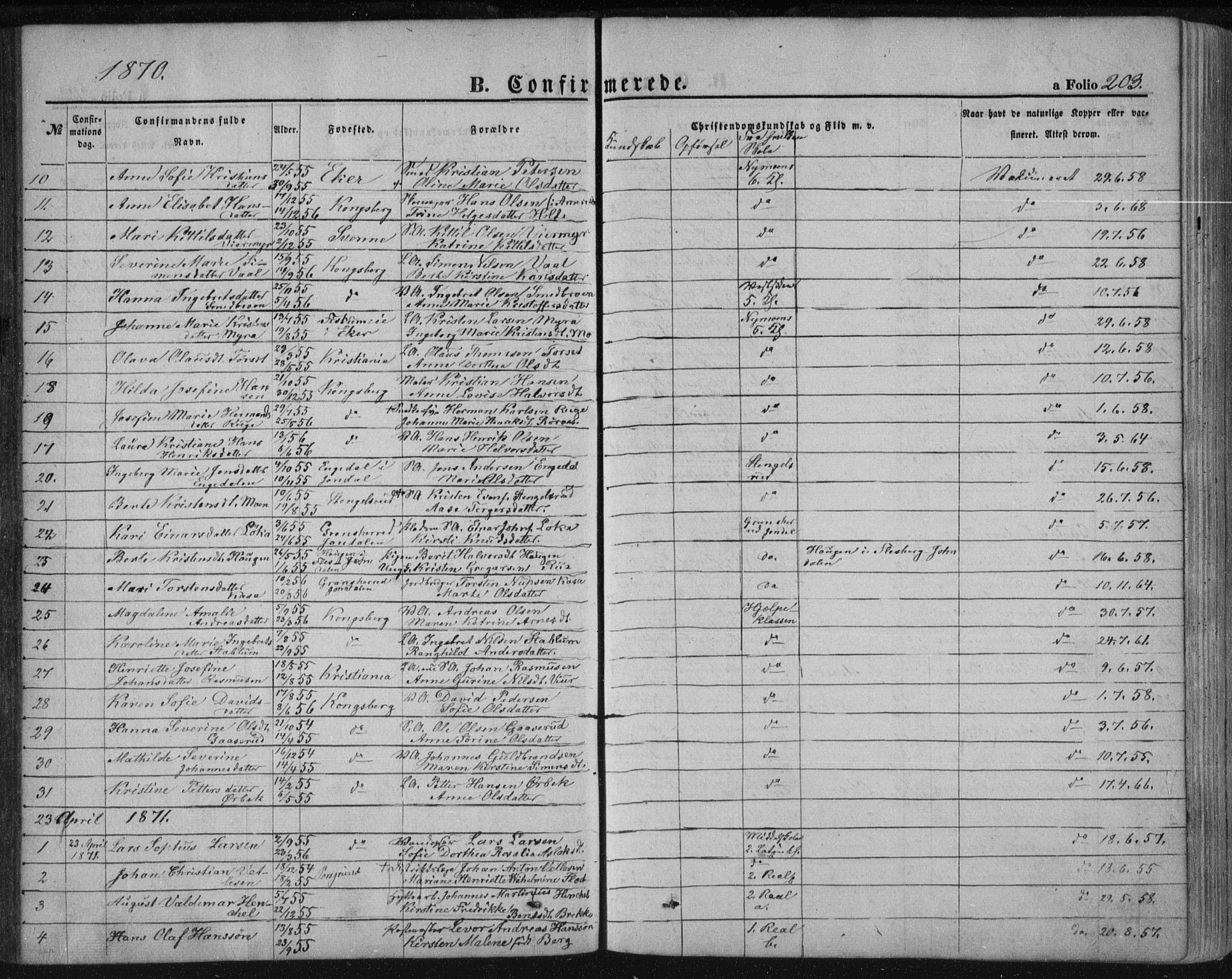 Kongsberg kirkebøker, AV/SAKO-A-22/F/Fa/L0010: Parish register (official) no. I 10, 1859-1875, p. 203