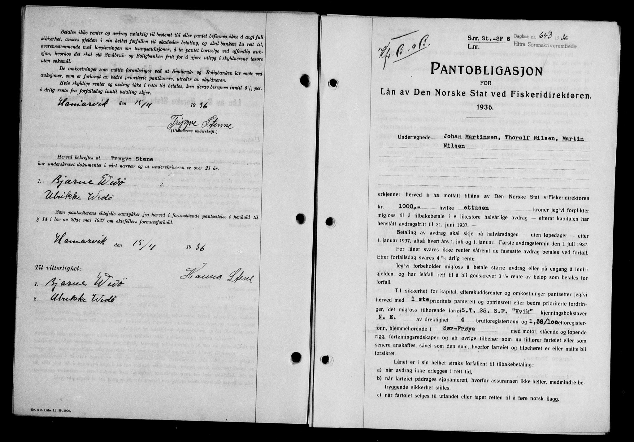 Hitra sorenskriveri, AV/SAT-A-0018/2/2C/2Ca/L0028: Mortgage book no. B-1, 1936-1939, Diary no: : 643/1936