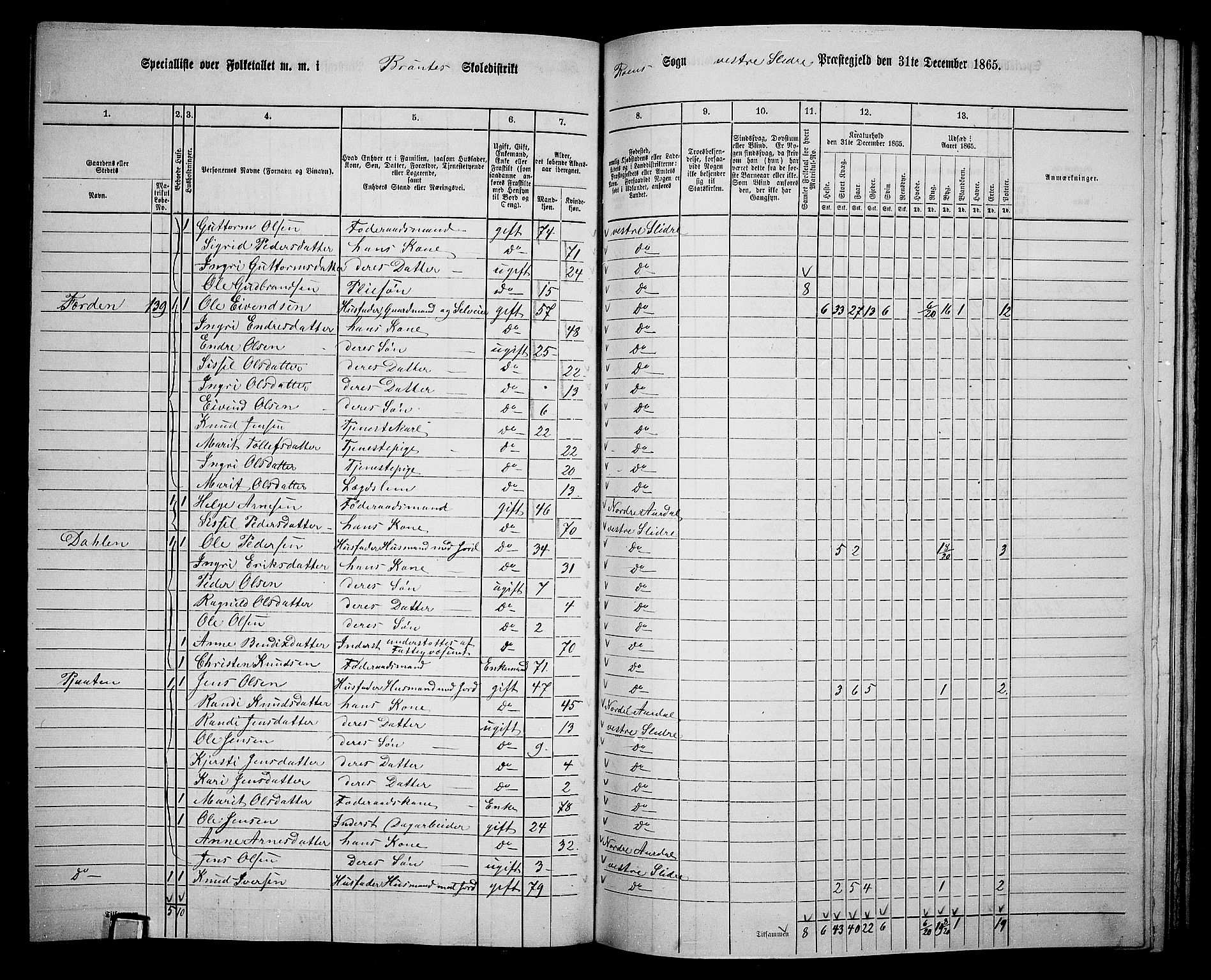 RA, 1865 census for Vestre Slidre, 1865, p. 110