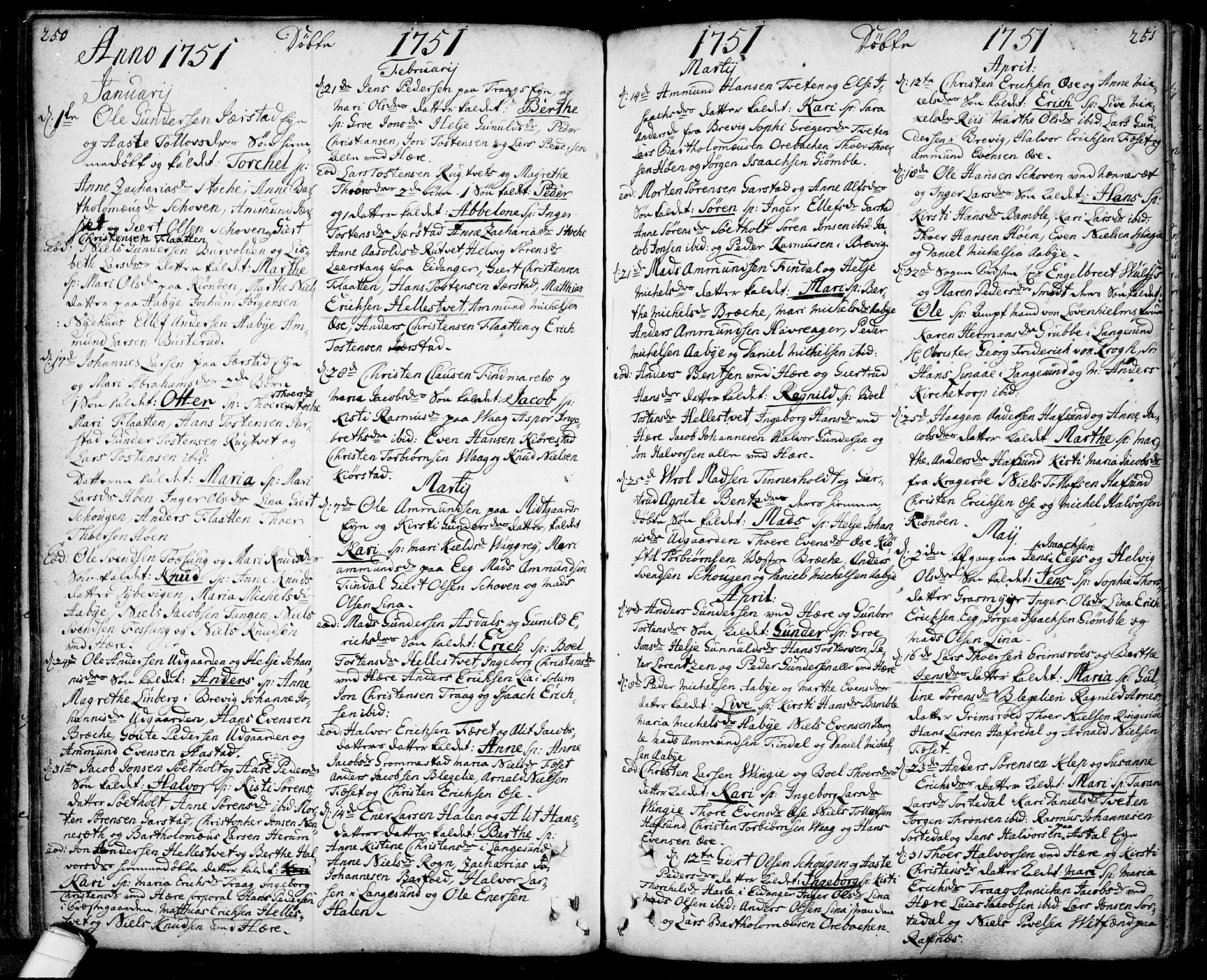 Bamble kirkebøker, AV/SAKO-A-253/F/Fa/L0001: Parish register (official) no. I 1, 1702-1774, p. 250-251