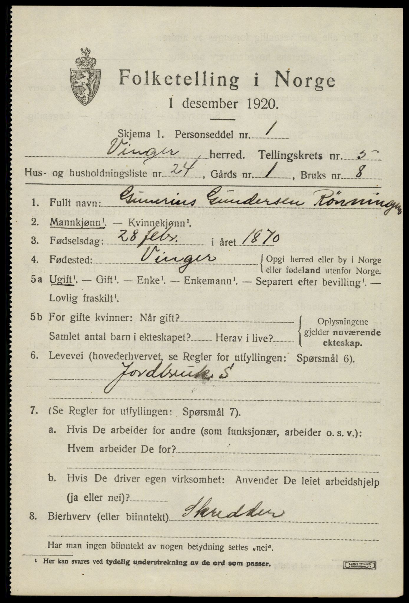 SAH, 1920 census for Vinger, 1920, p. 5970