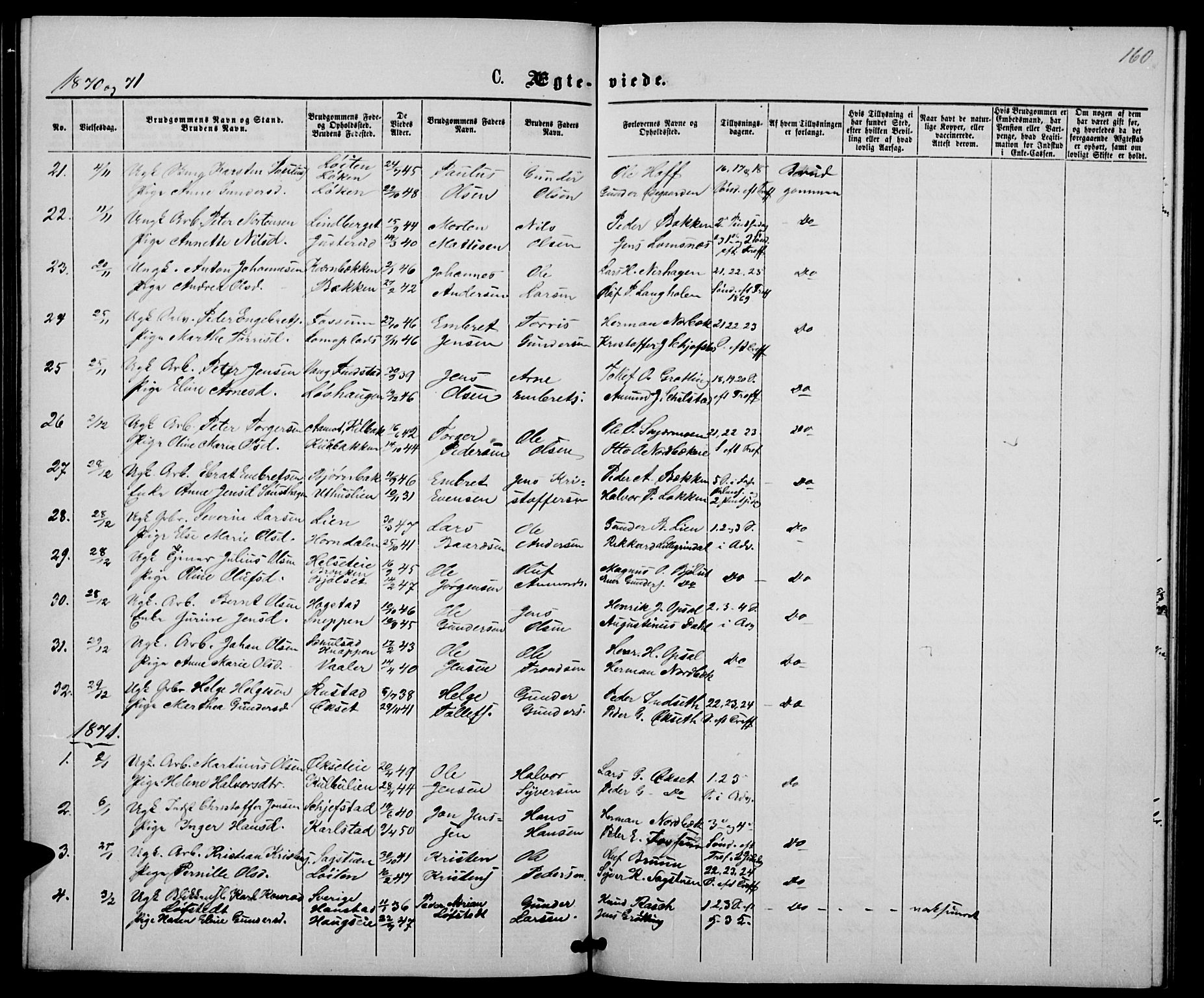 Elverum prestekontor, AV/SAH-PREST-044/H/Ha/Hab/L0004: Parish register (copy) no. 4, 1866-1874, p. 160