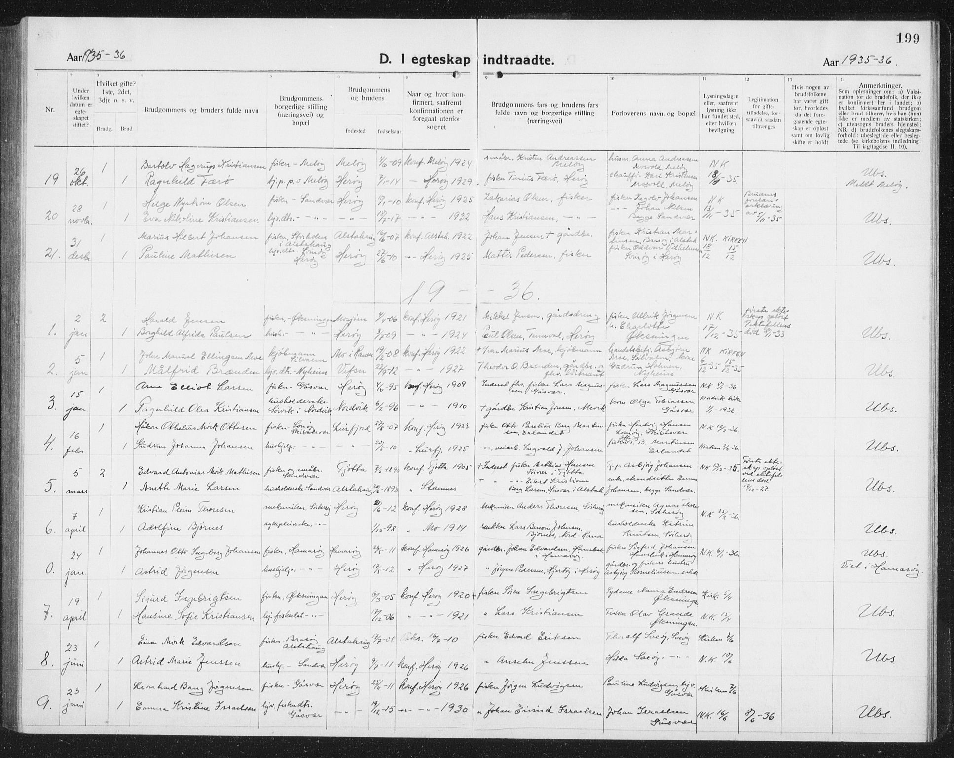 Ministerialprotokoller, klokkerbøker og fødselsregistre - Nordland, SAT/A-1459/834/L0517: Parish register (copy) no. 834C07, 1919-1939, p. 199