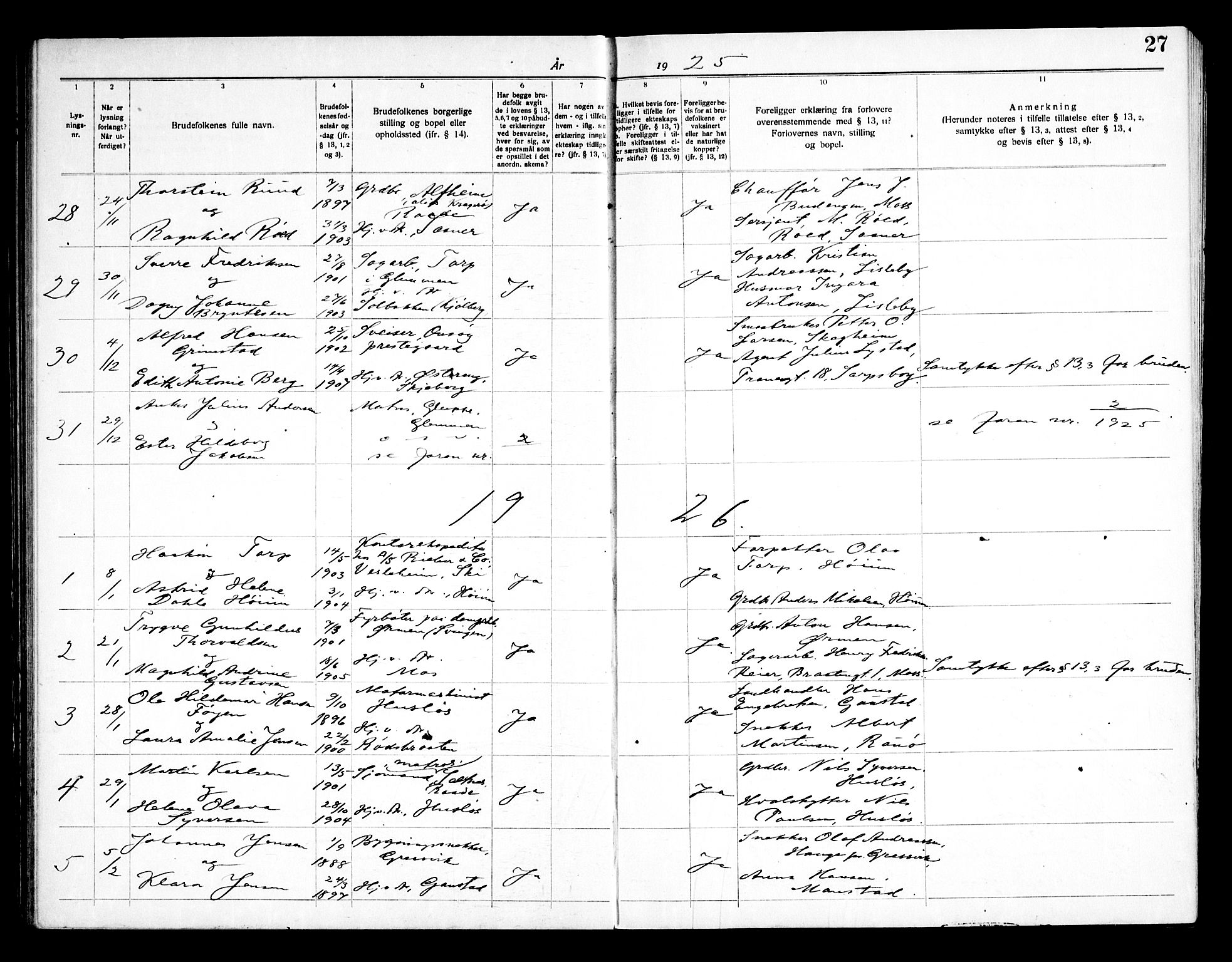 Onsøy prestekontor Kirkebøker, AV/SAO-A-10914/H/Ha/L0001: Banns register no. I 1, 1919-1956, p. 27