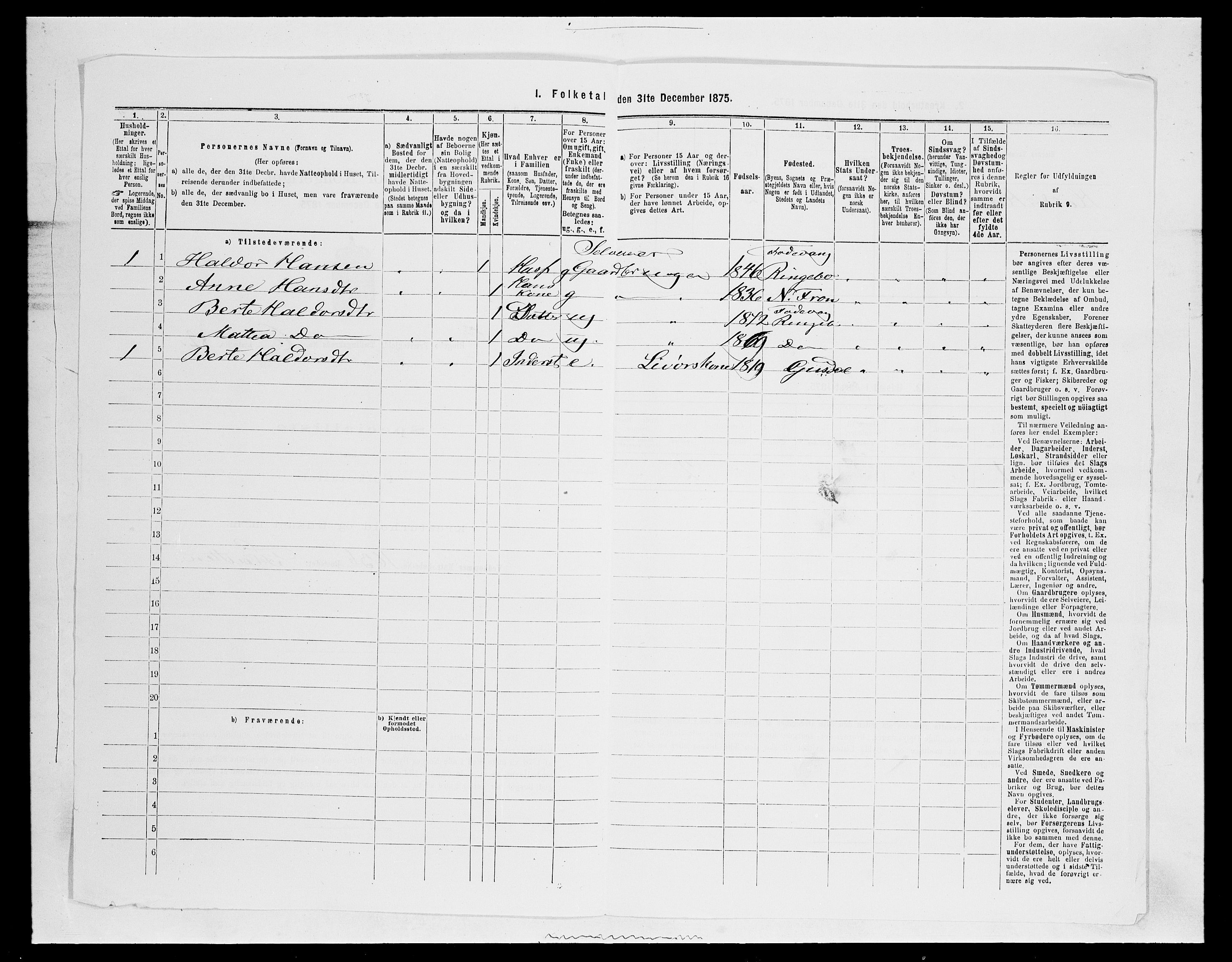 SAH, 1875 census for 0520P Ringebu, 1875, p. 1004