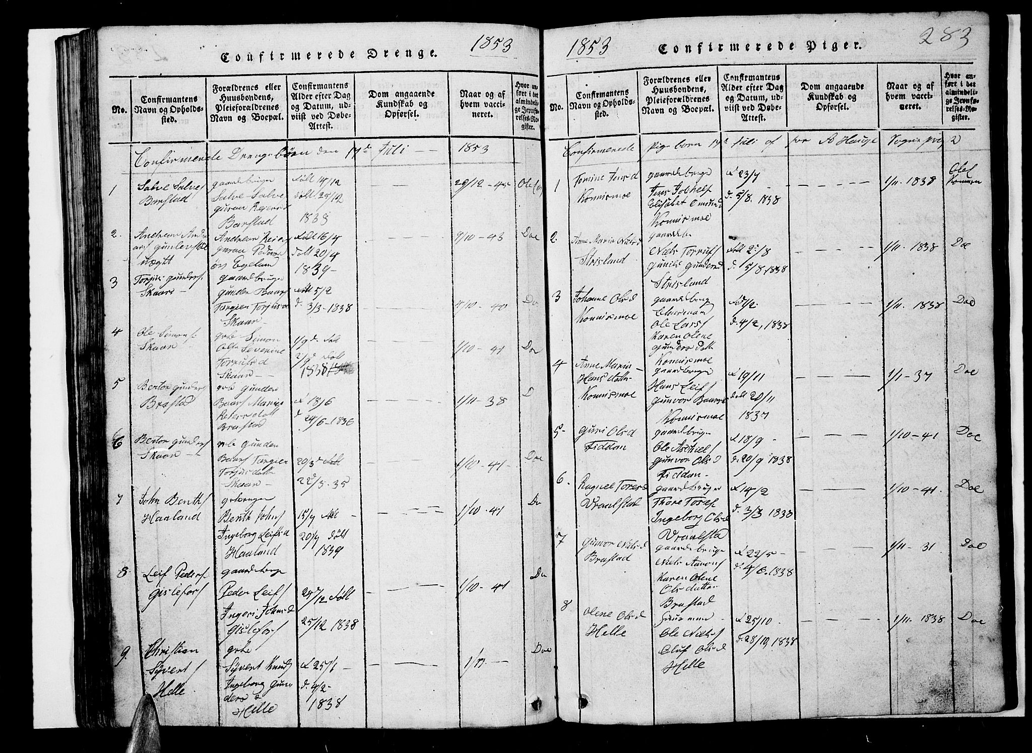 Nord-Audnedal sokneprestkontor, SAK/1111-0032/F/Fb/Fba/L0001: Parish register (copy) no. B 1, 1815-1856, p. 283