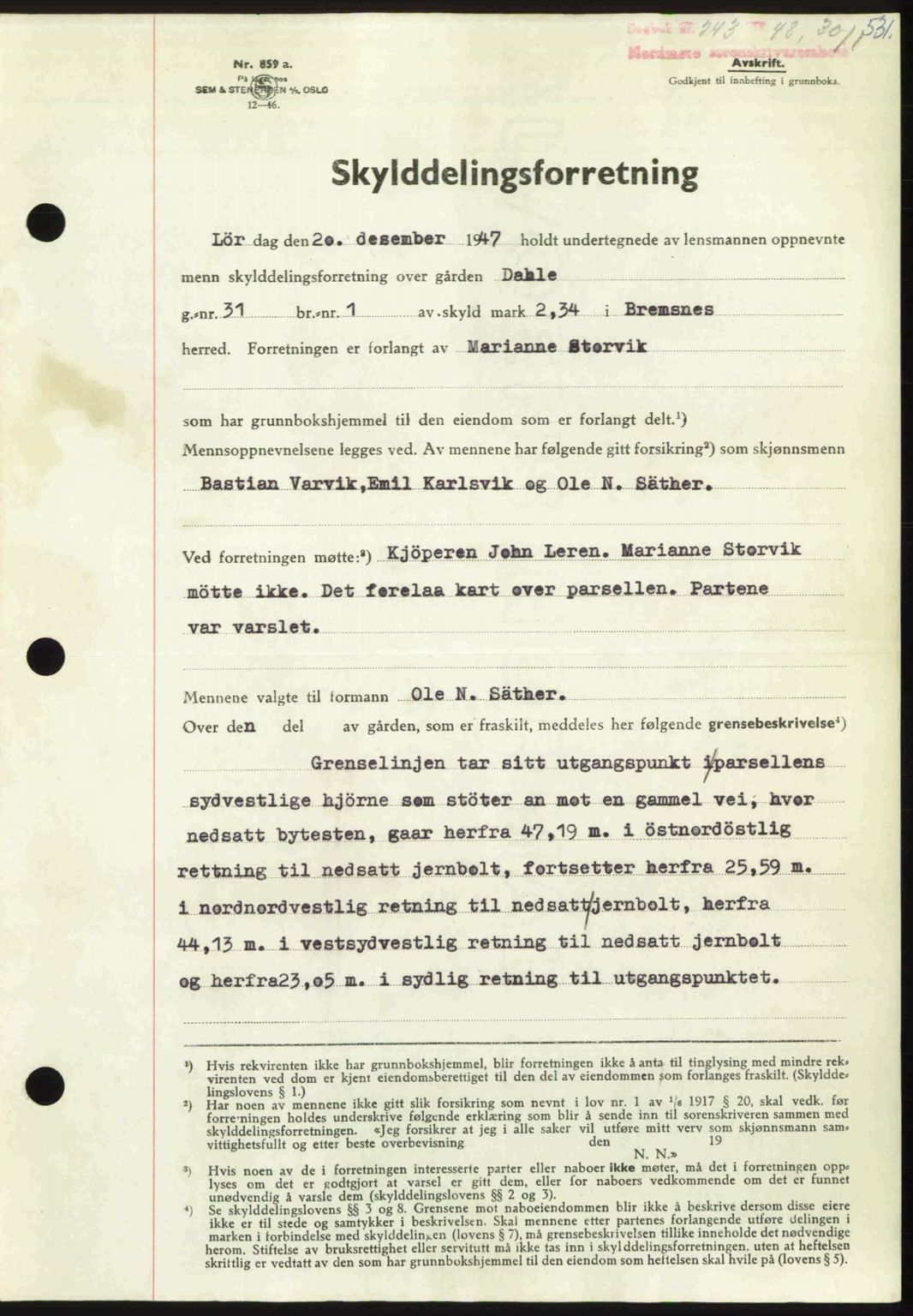 Nordmøre sorenskriveri, AV/SAT-A-4132/1/2/2Ca: Mortgage book no. A107, 1947-1948, Diary no: : 243/1948