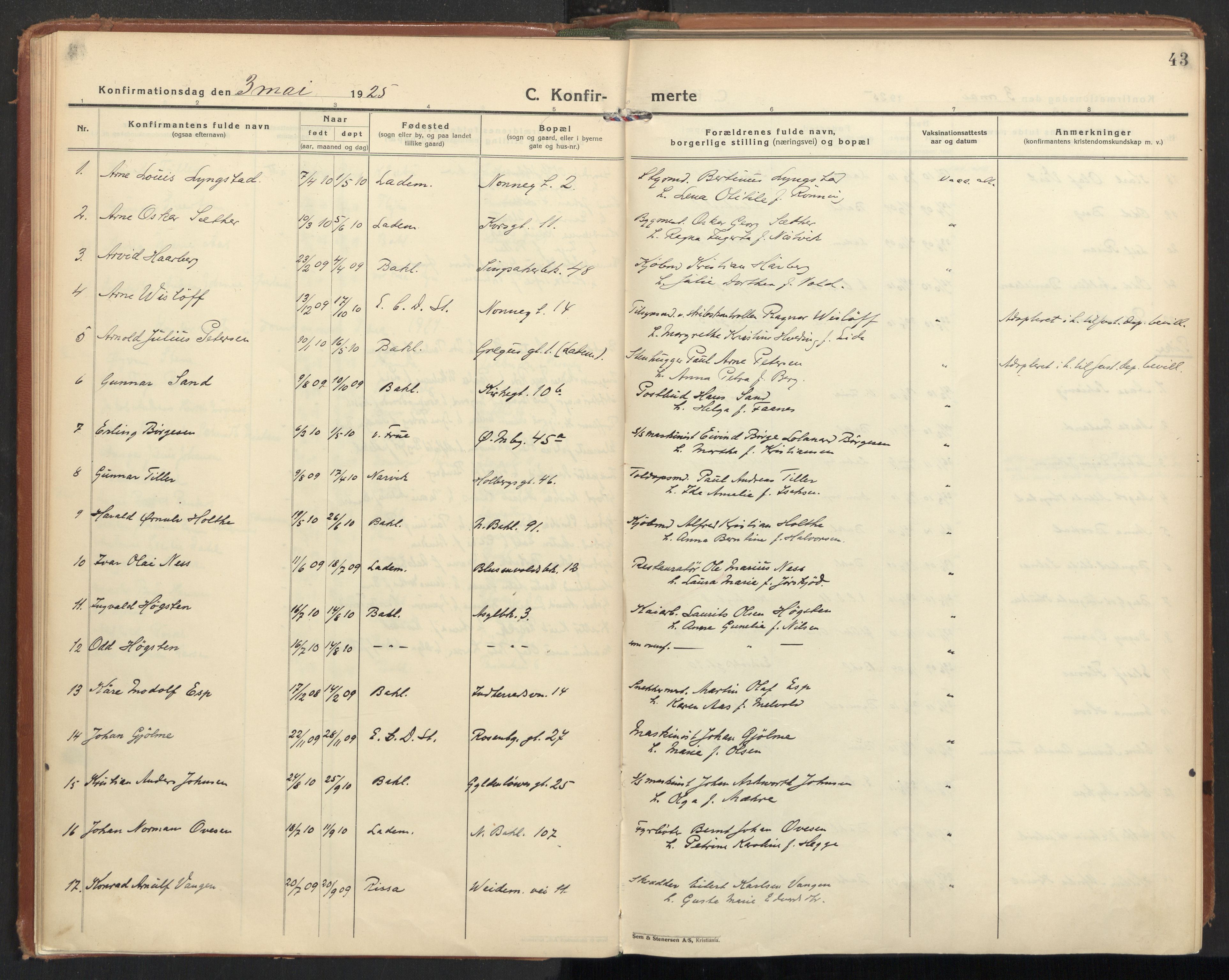 Ministerialprotokoller, klokkerbøker og fødselsregistre - Sør-Trøndelag, SAT/A-1456/604/L0208: Parish register (official) no. 604A28, 1923-1937, p. 43