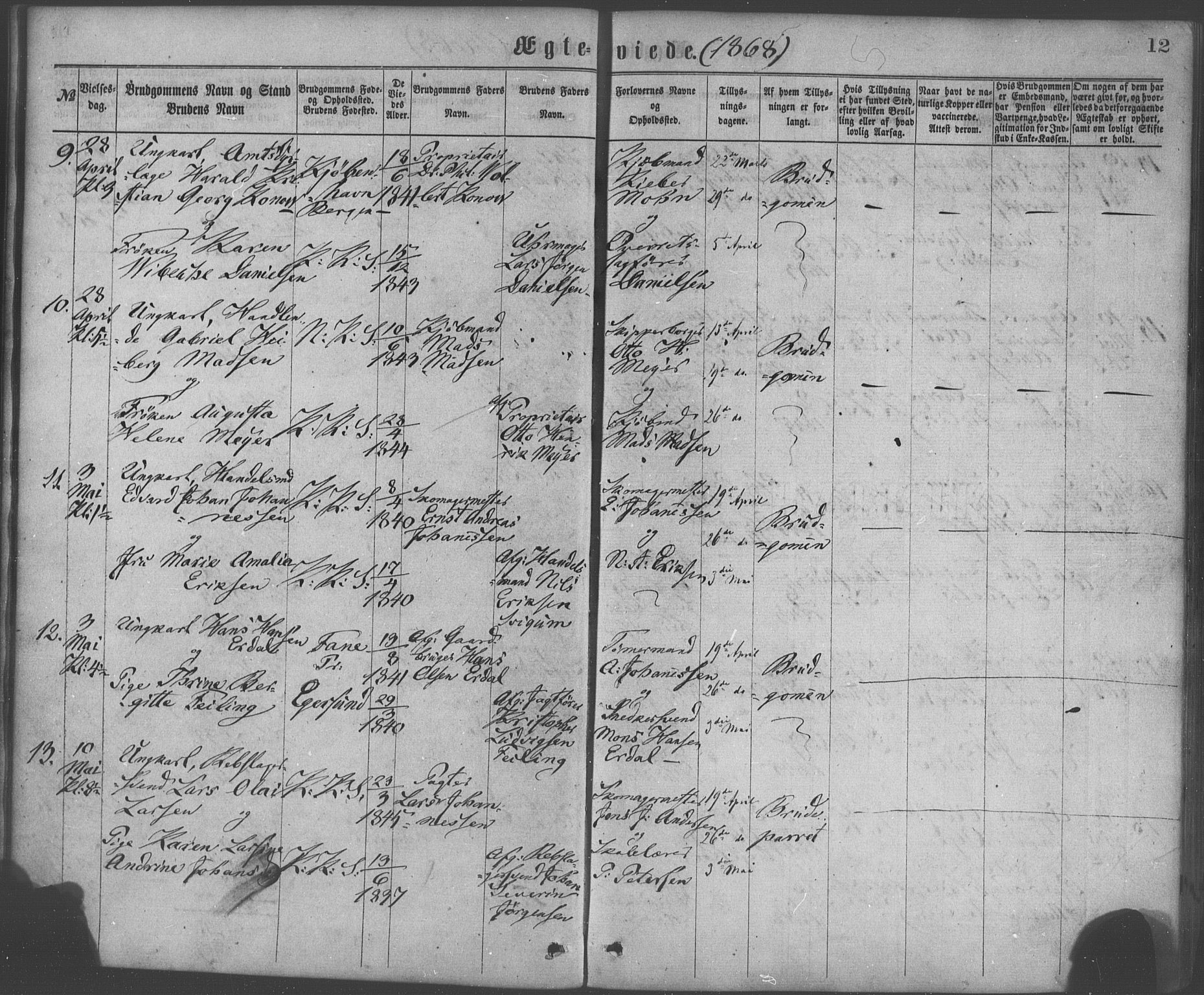 Korskirken sokneprestembete, SAB/A-76101/H/Haa/L0036: Parish register (official) no. D 3, 1867-1882, p. 12