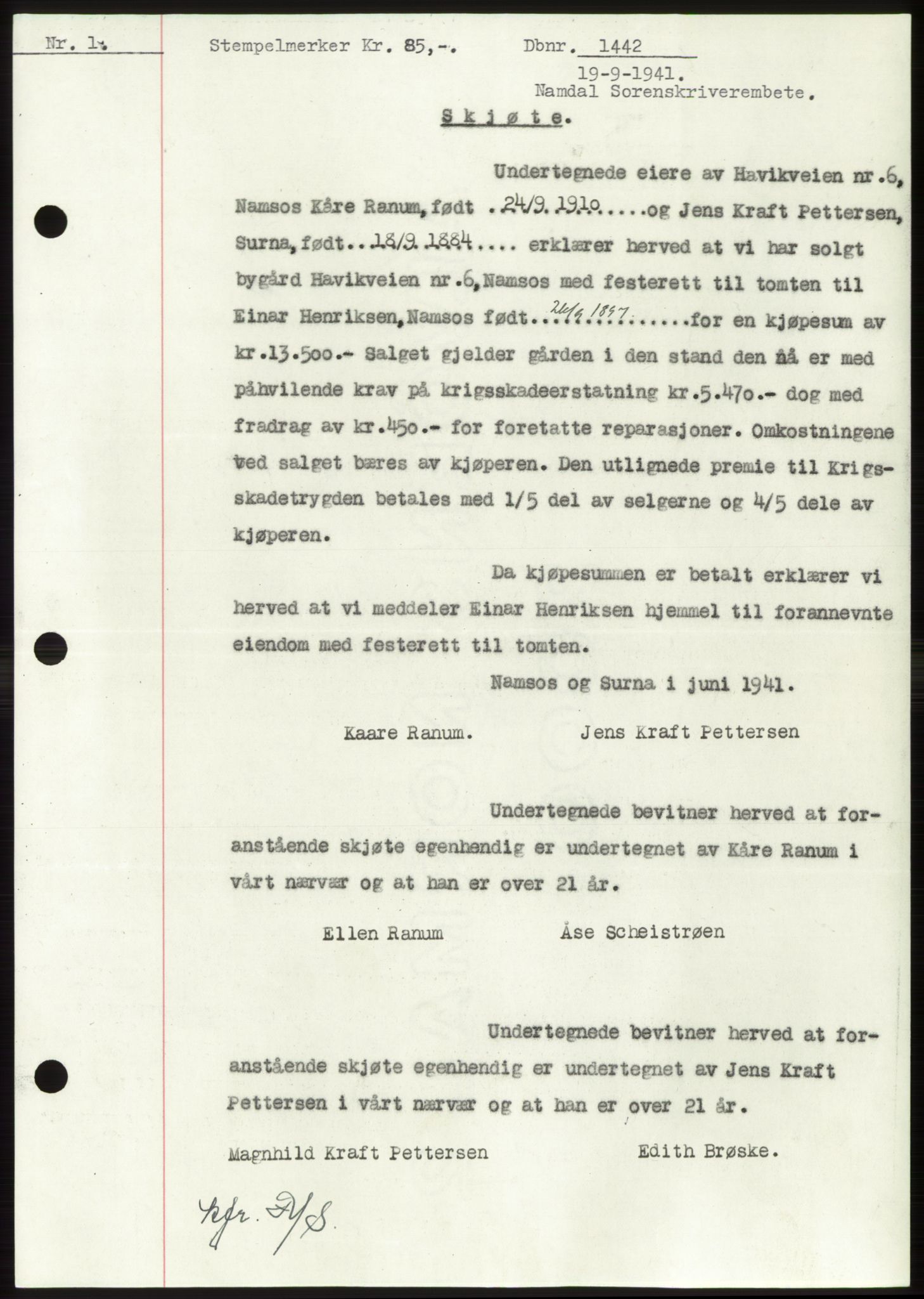 Namdal sorenskriveri, AV/SAT-A-4133/1/2/2C: Mortgage book no. -, 1941-1942, Diary no: : 1442/1941