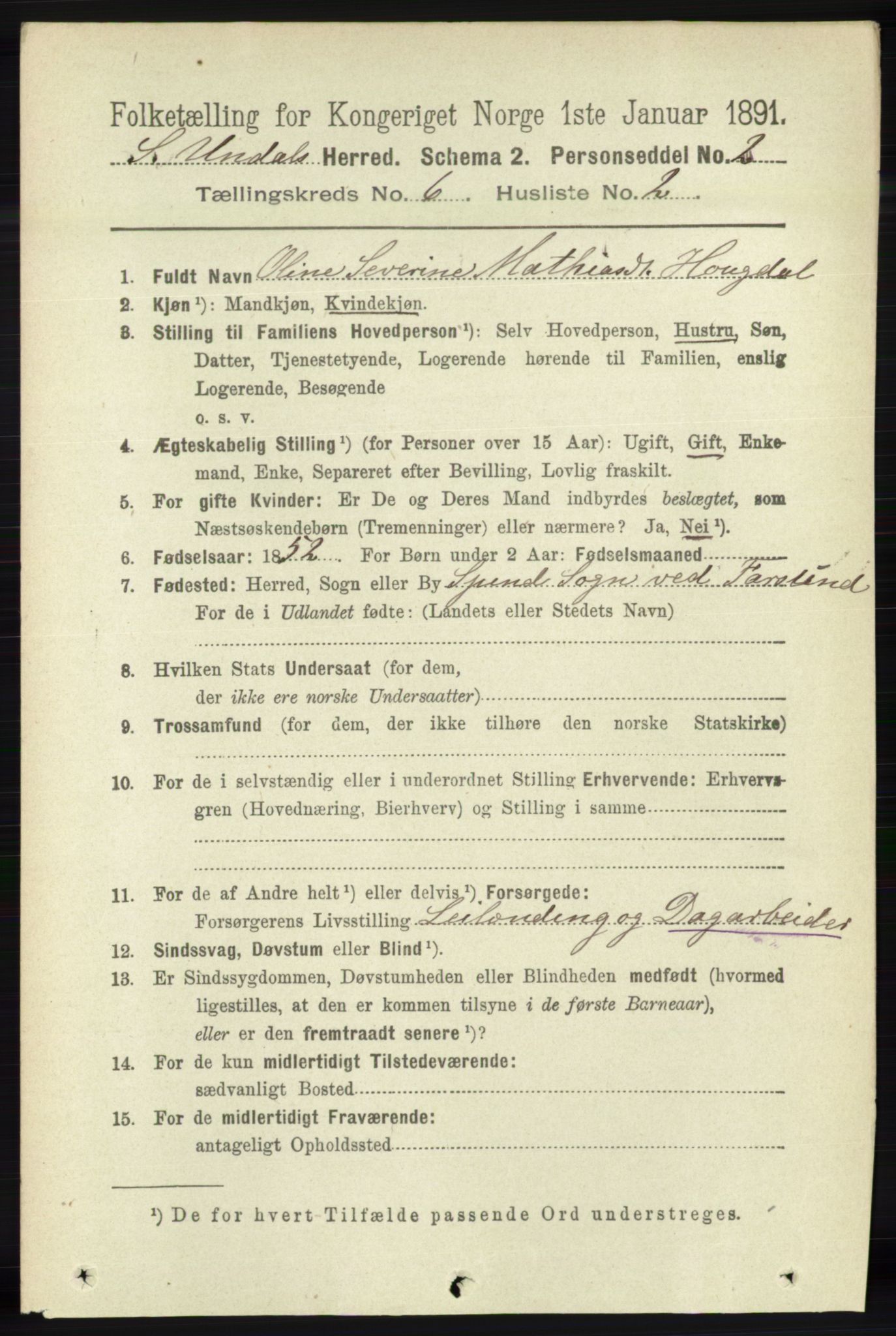 RA, 1891 census for 1029 Sør-Audnedal, 1891, p. 2292