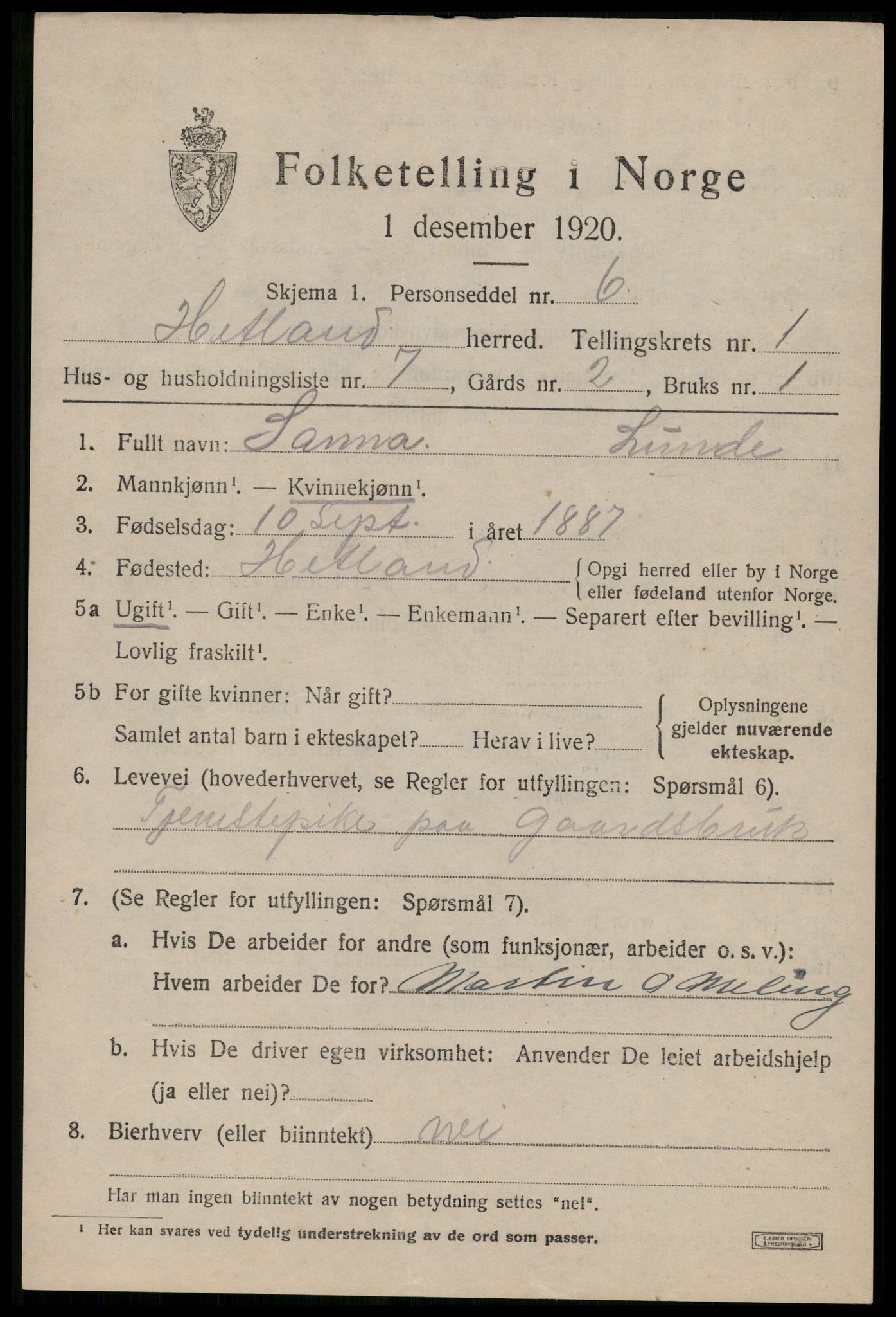 SAST, 1920 census for Hetland, 1920, p. 3635
