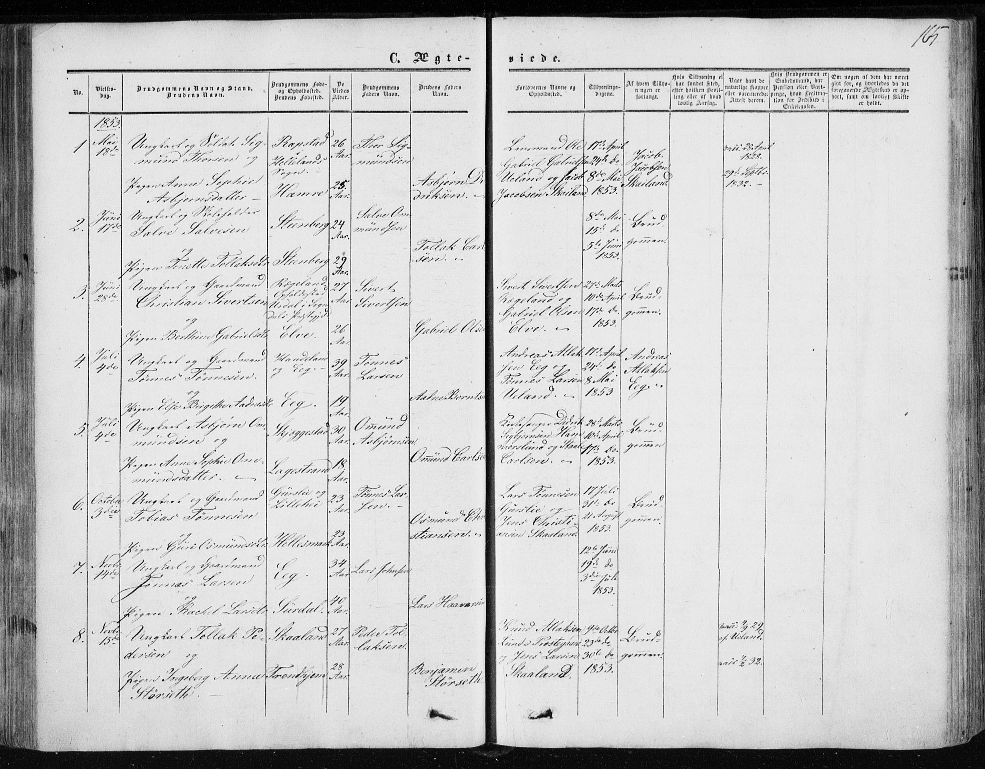 Lund sokneprestkontor, SAST/A-101809/S06/L0009: Parish register (official) no. A 8, 1853-1877, p. 165