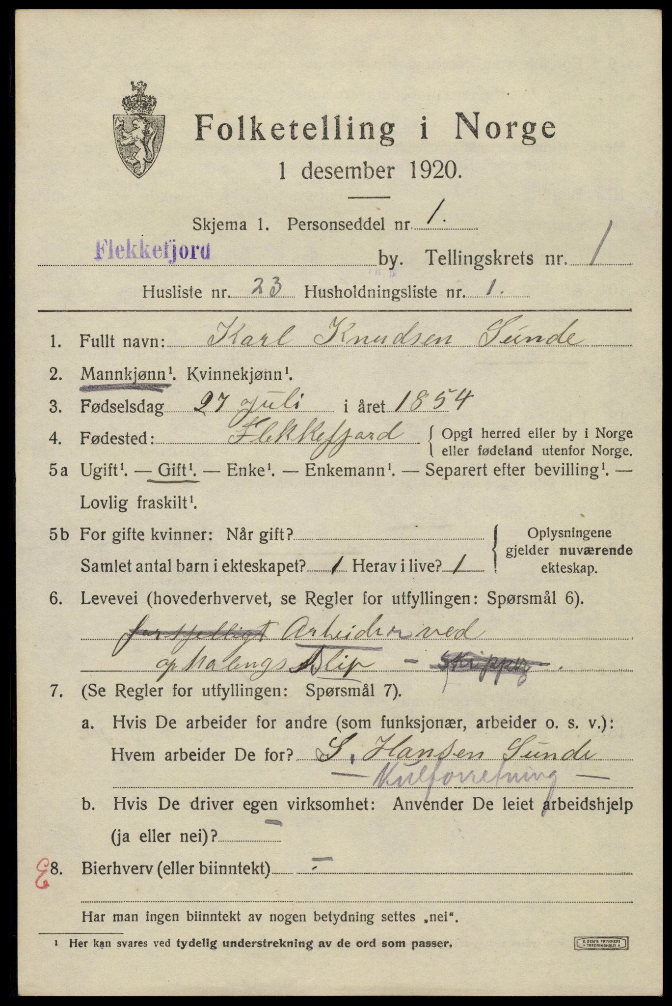 SAK, 1920 census for Flekkefjord, 1920, p. 2088