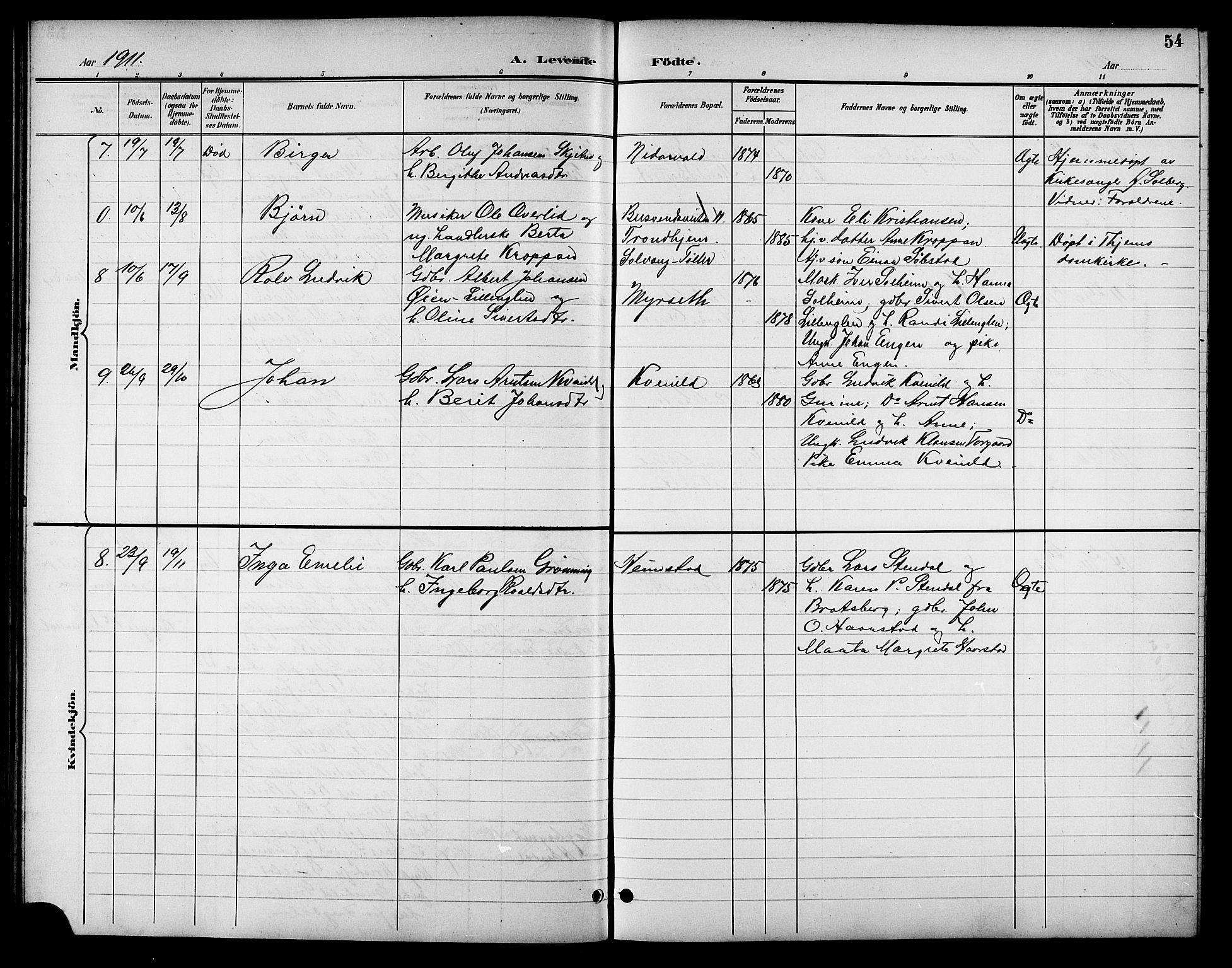 Ministerialprotokoller, klokkerbøker og fødselsregistre - Sør-Trøndelag, SAT/A-1456/621/L0460: Parish register (copy) no. 621C03, 1896-1914, p. 54