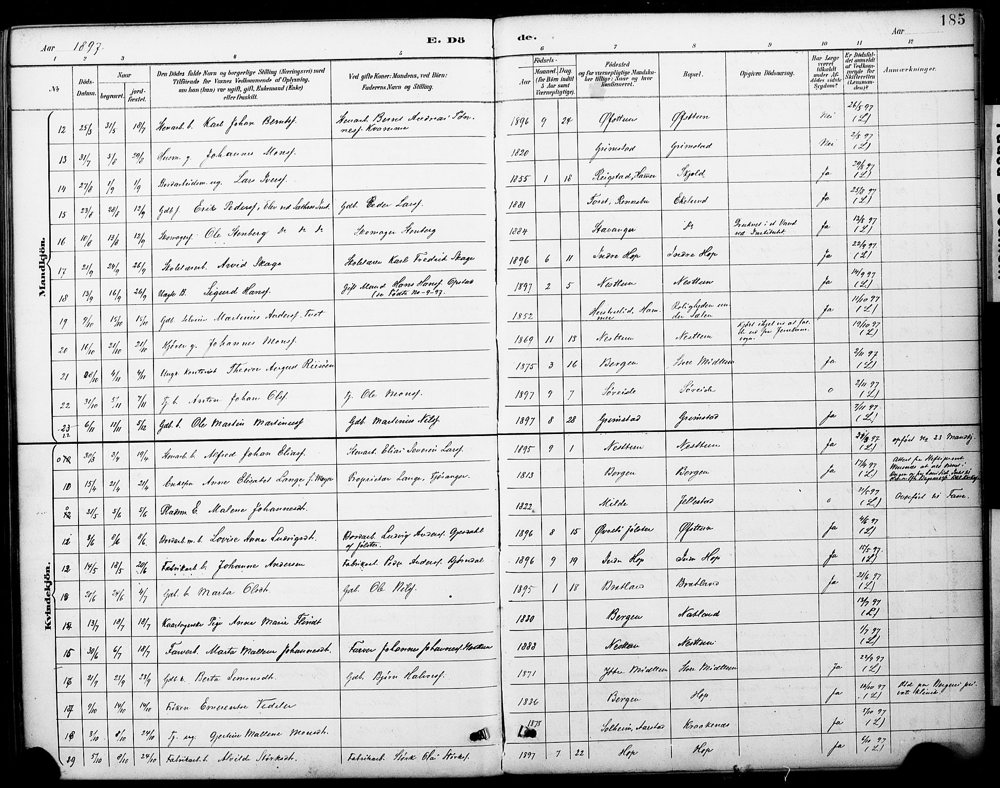 Fana Sokneprestembete, SAB/A-75101/H/Haa/Haai/L0002: Parish register (official) no. I 2, 1888-1899, p. 185