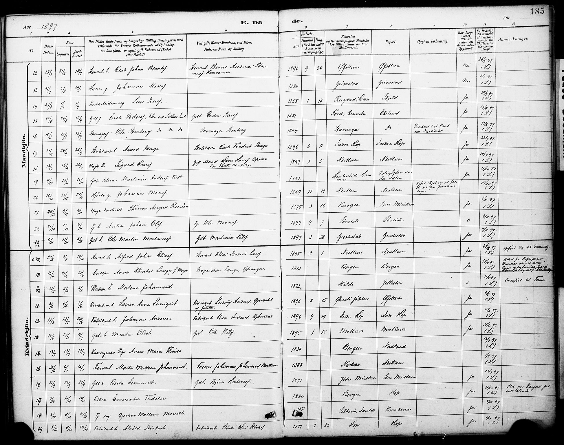 Fana Sokneprestembete, AV/SAB-A-75101/H/Haa/Haai/L0002: Parish register (official) no. I 2, 1888-1899, p. 185