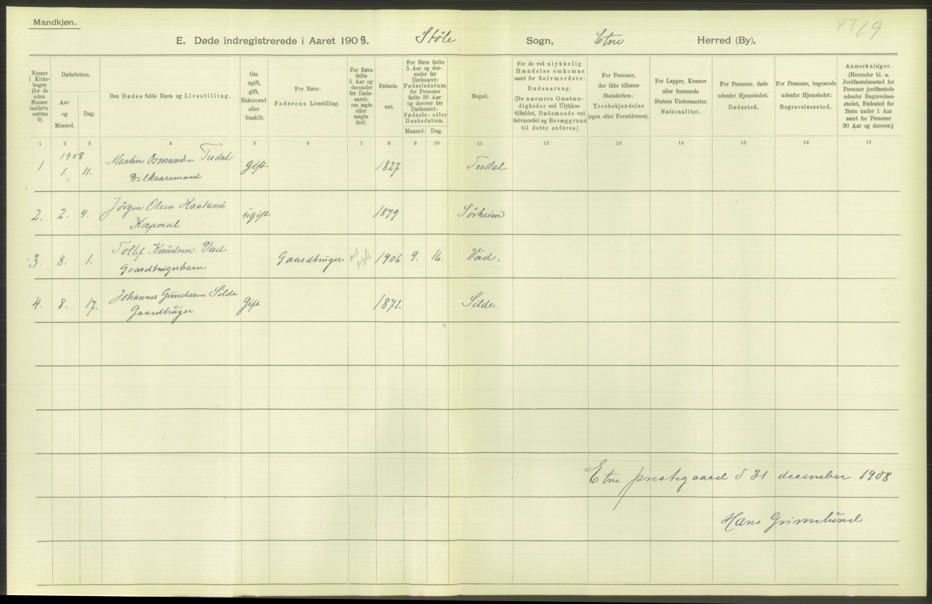 Statistisk sentralbyrå, Sosiodemografiske emner, Befolkning, AV/RA-S-2228/D/Df/Dfa/Dfaf/L0029: S. Bergenhus amt: Døde. Bygder., 1908, p. 40