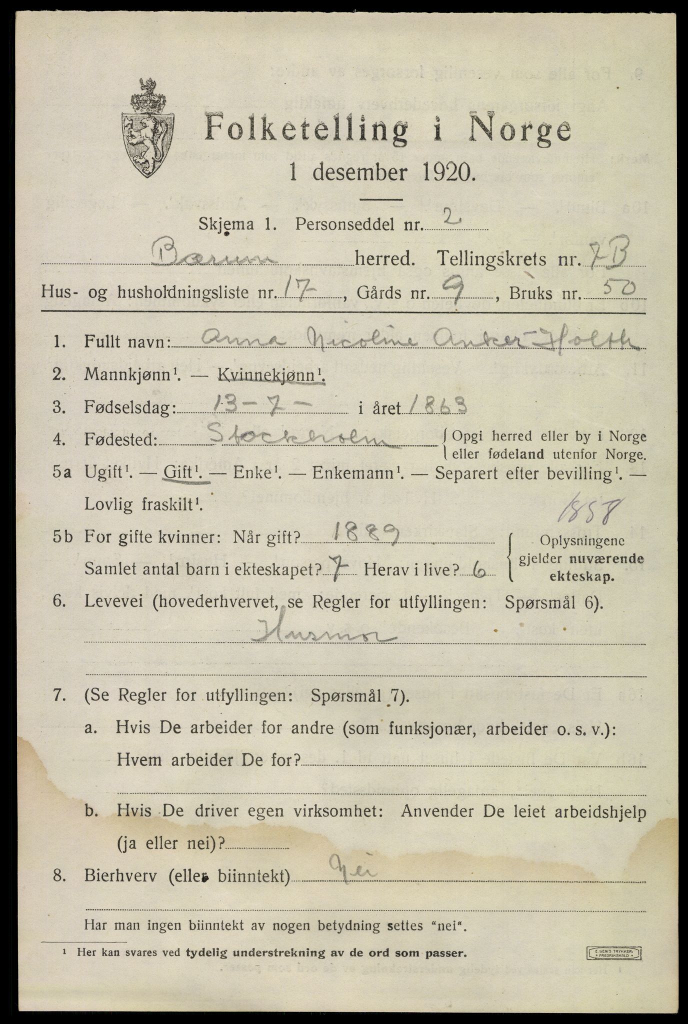 SAO, 1920 census for Bærum, 1920, p. 17450