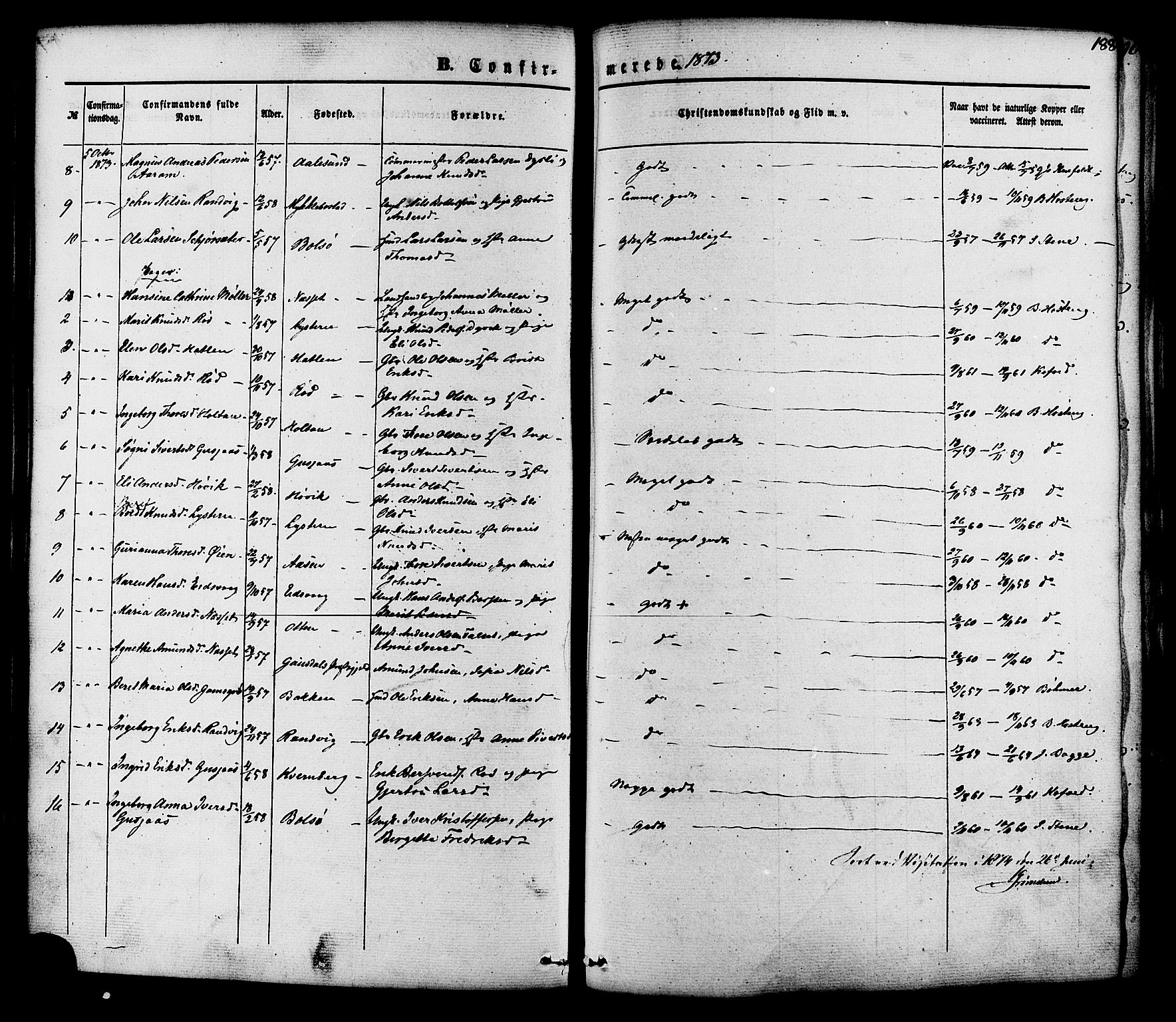 Ministerialprotokoller, klokkerbøker og fødselsregistre - Møre og Romsdal, SAT/A-1454/551/L0625: Parish register (official) no. 551A05, 1846-1879, p. 188