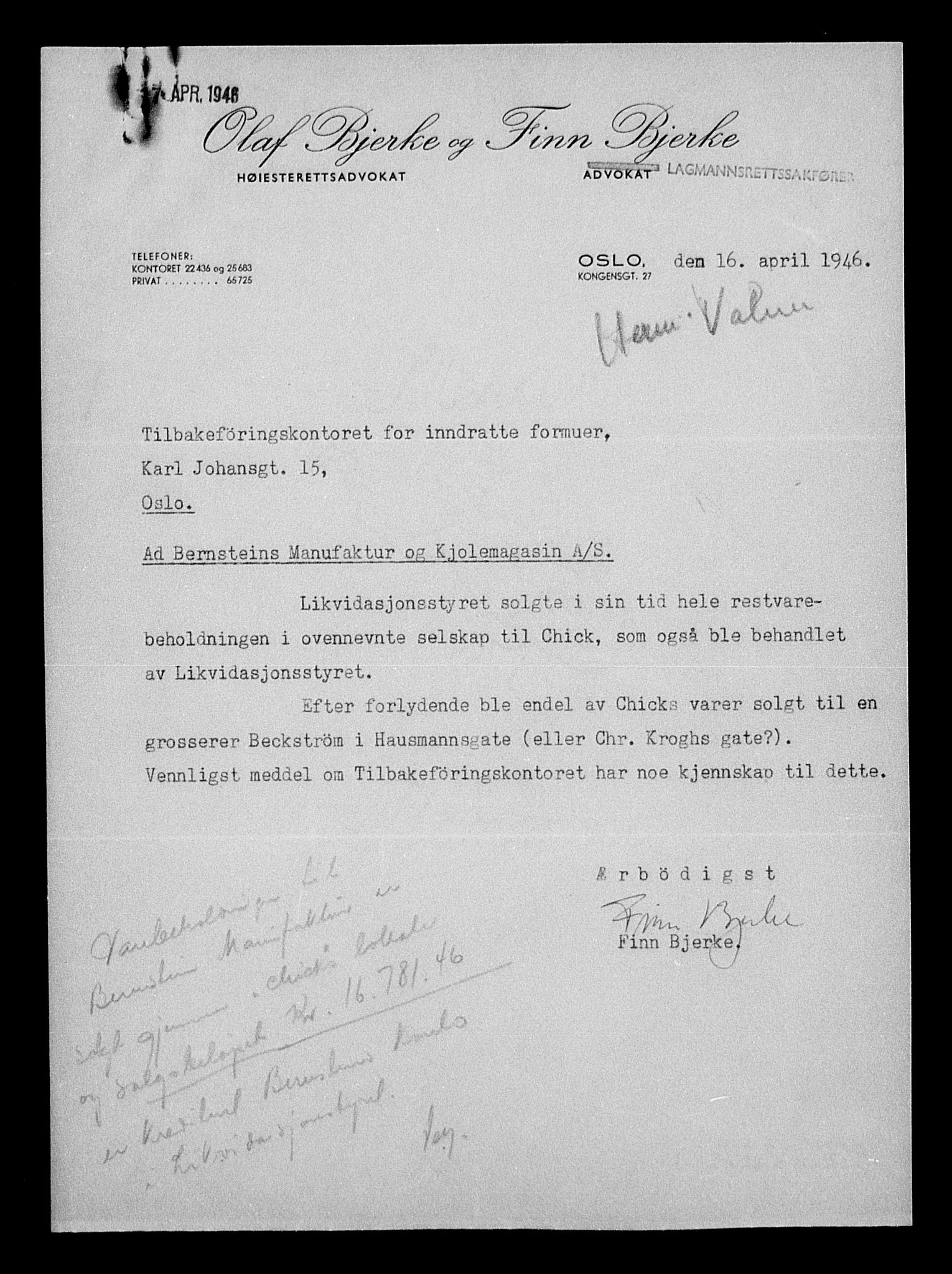 Justisdepartementet, Tilbakeføringskontoret for inndratte formuer, AV/RA-S-1564/H/Hc/Hcc/L0924: --, 1945-1947, p. 44