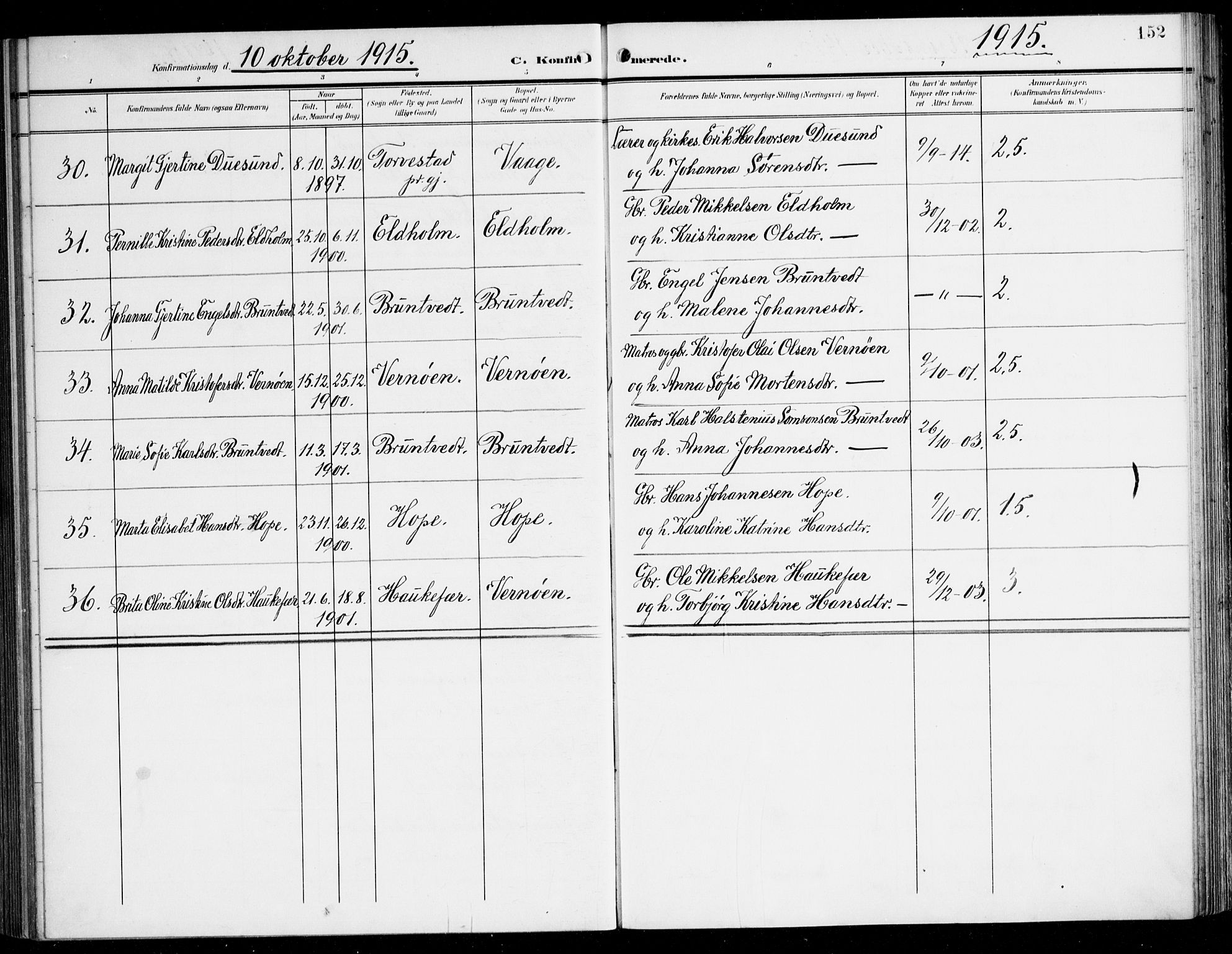 Tysnes sokneprestembete, SAB/A-78601/H/Haa: Parish register (official) no. B 2, 1907-1925, p. 152