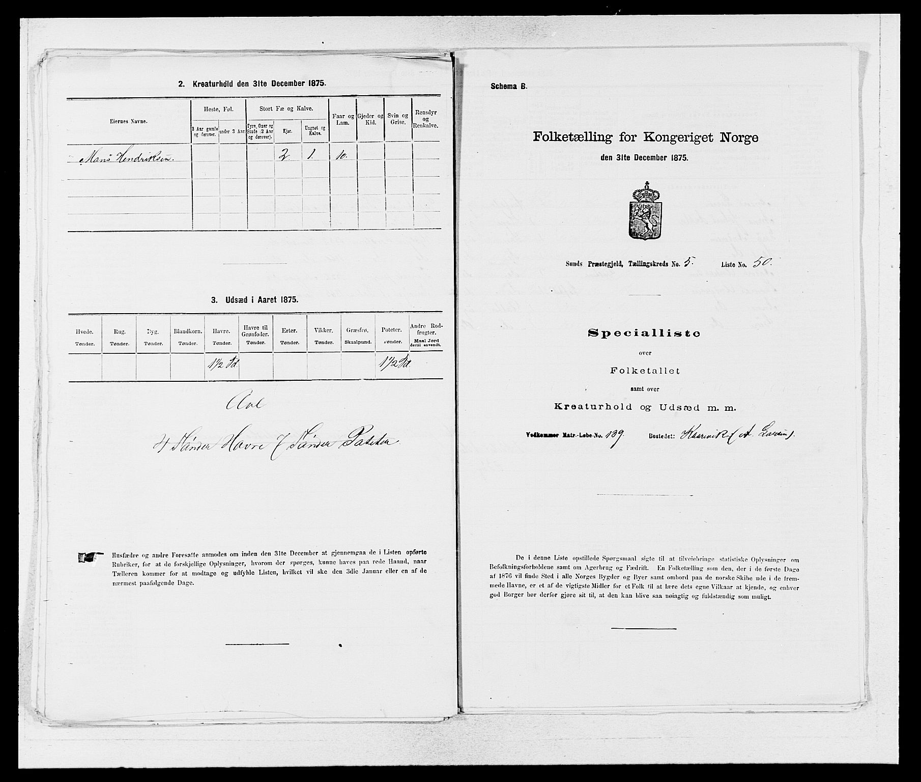 SAB, 1875 census for 1245P Sund, 1875, p. 567