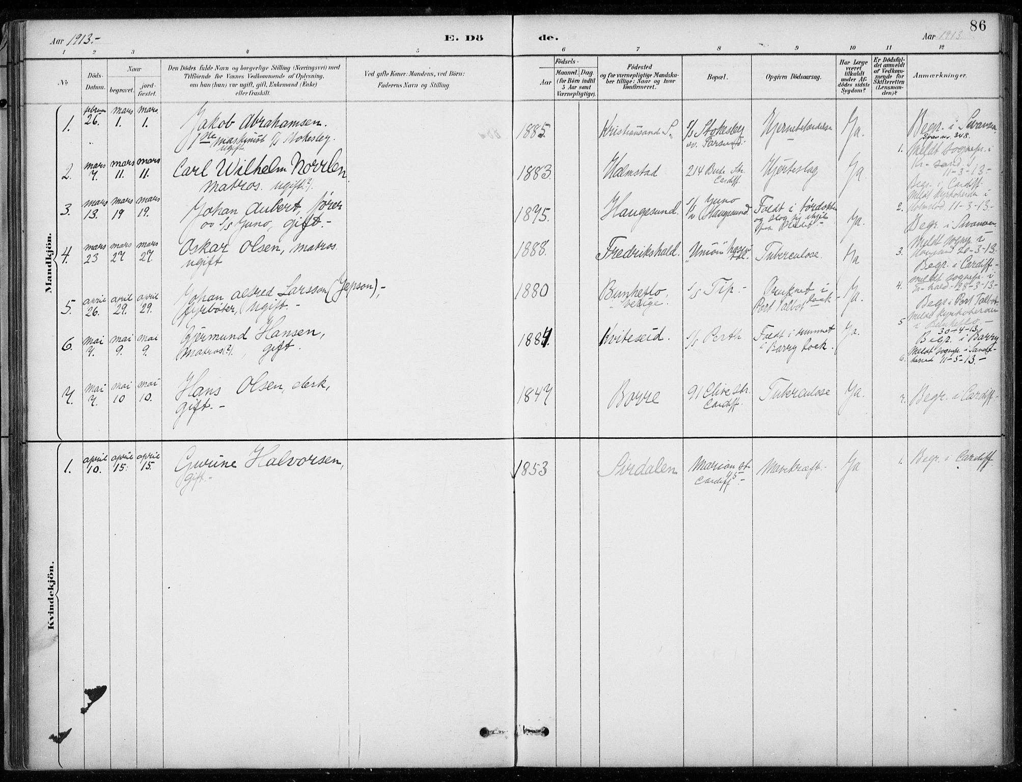 Den norske sjømannsmisjon i utlandet/Bristolhavnene(Cardiff-Swansea), SAB/SAB/PA-0102/H/Ha/Haa/L0002: Parish register (official) no. A 2, 1887-1932, p. 86