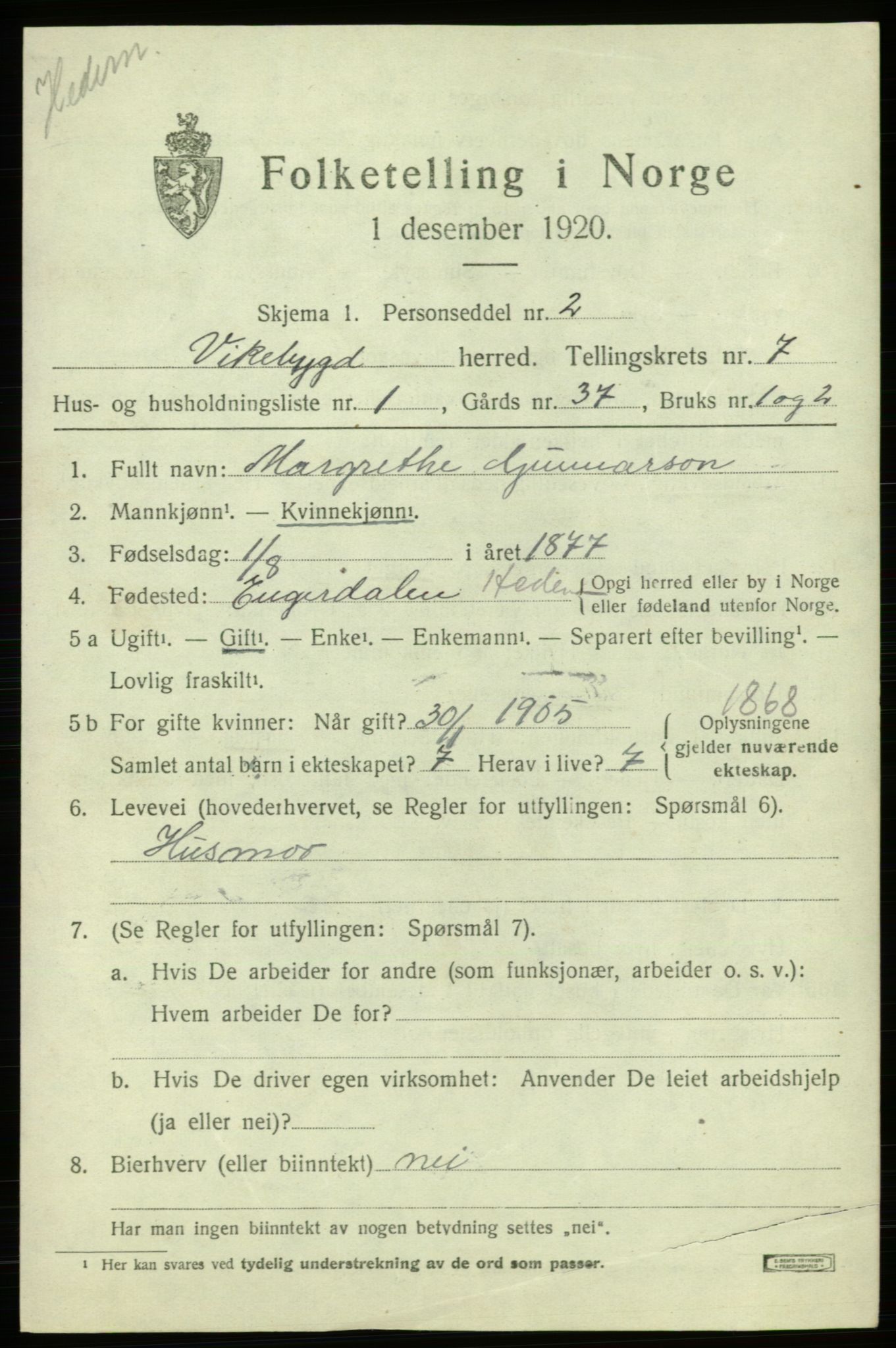 SAB, 1920 census for Vikebygd, 1920, p. 2347