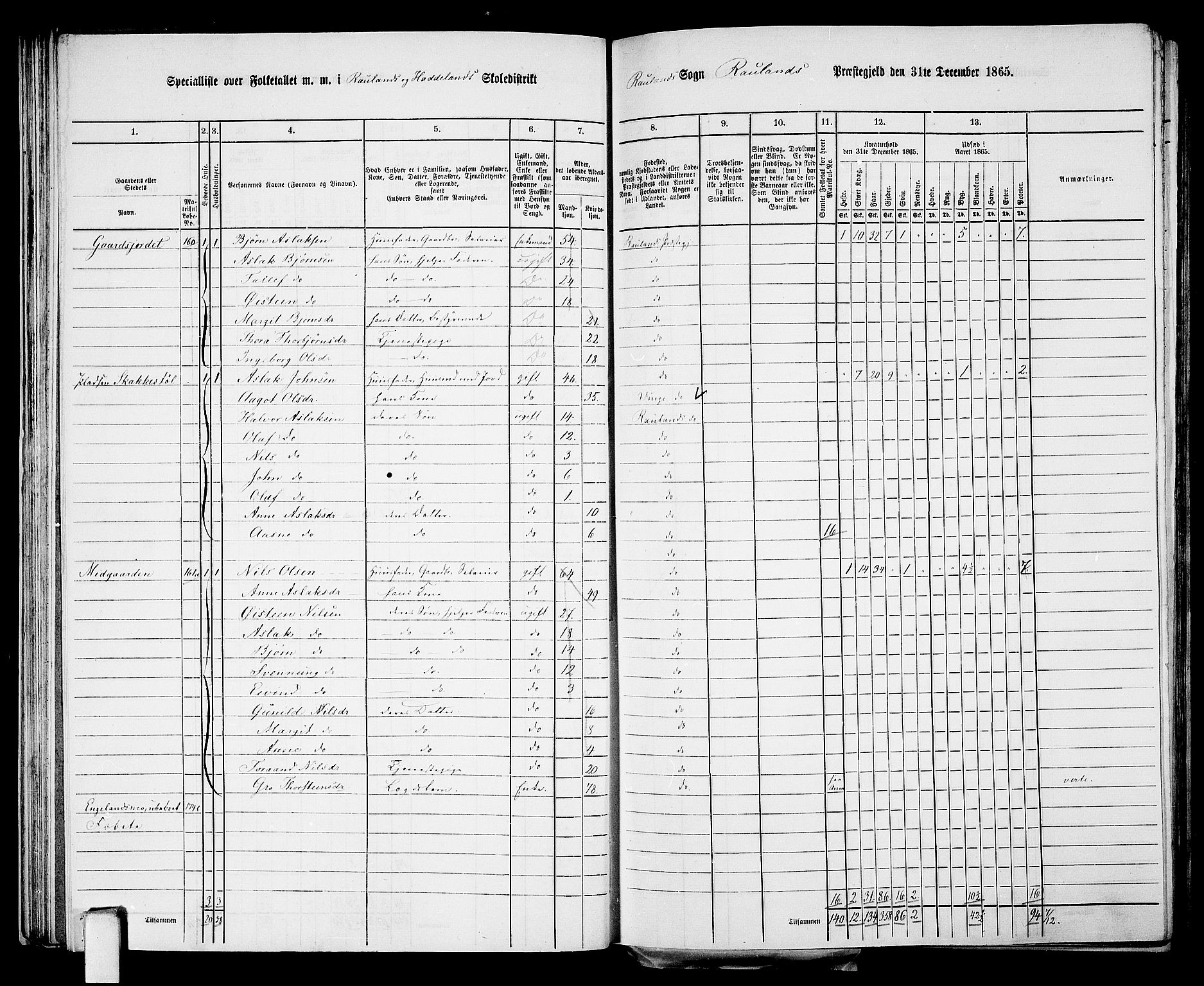 RA, 1865 census for Rauland, 1865, p. 35