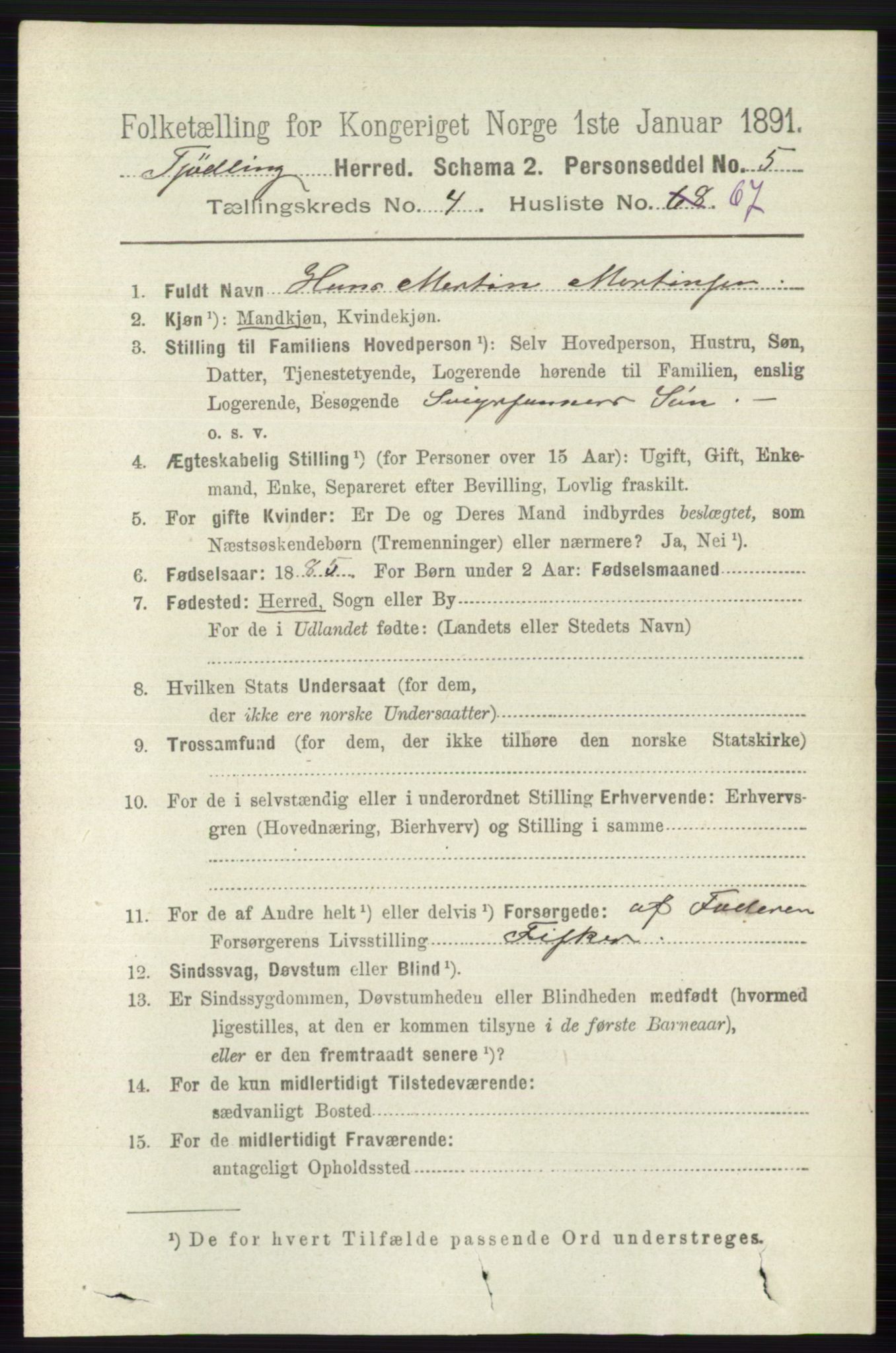 RA, 1891 census for 0725 Tjølling, 1891, p. 1824