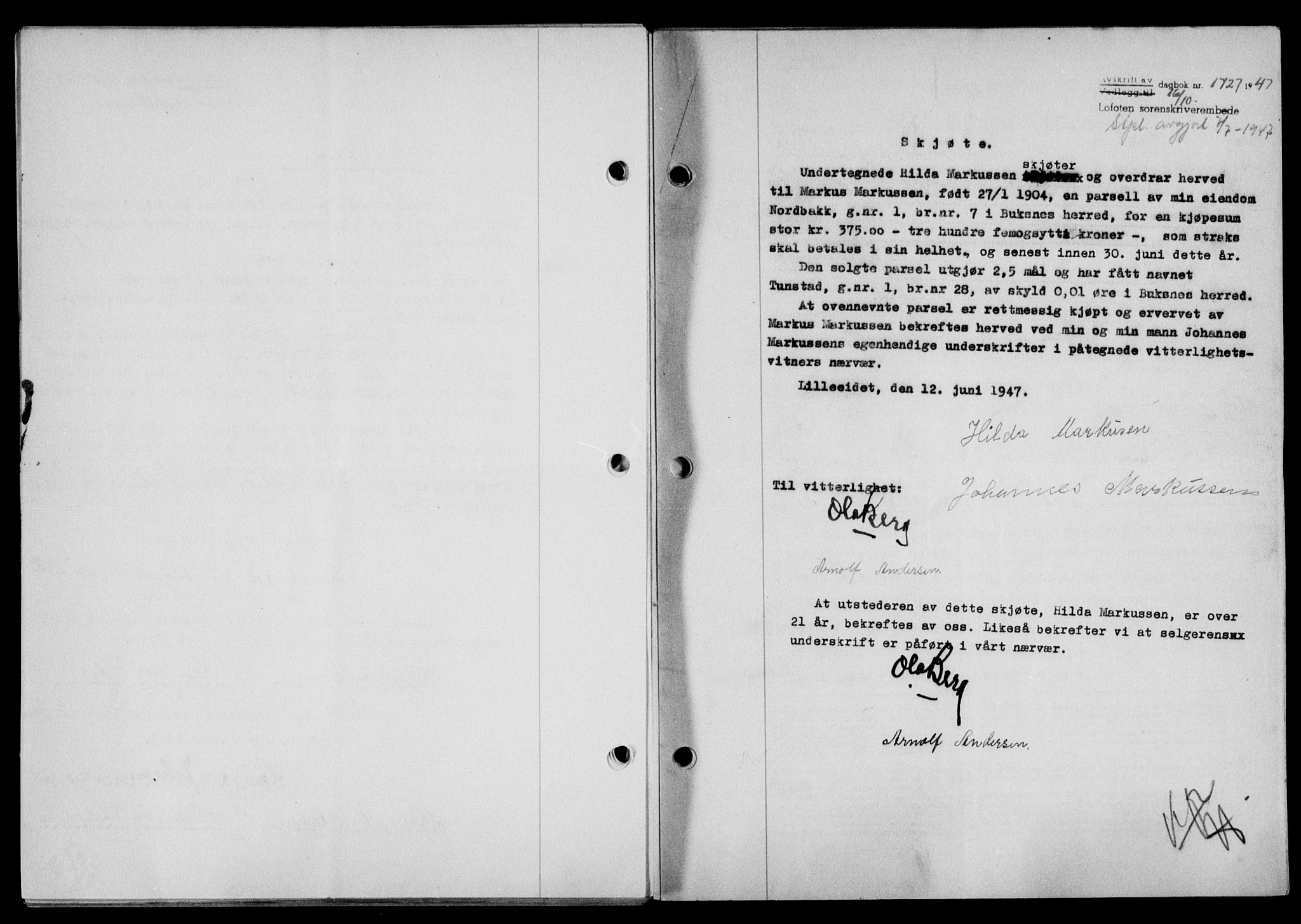 Lofoten sorenskriveri, SAT/A-0017/1/2/2C/L0017a: Mortgage book no. 17a, 1947-1948, Diary no: : 1727/1947