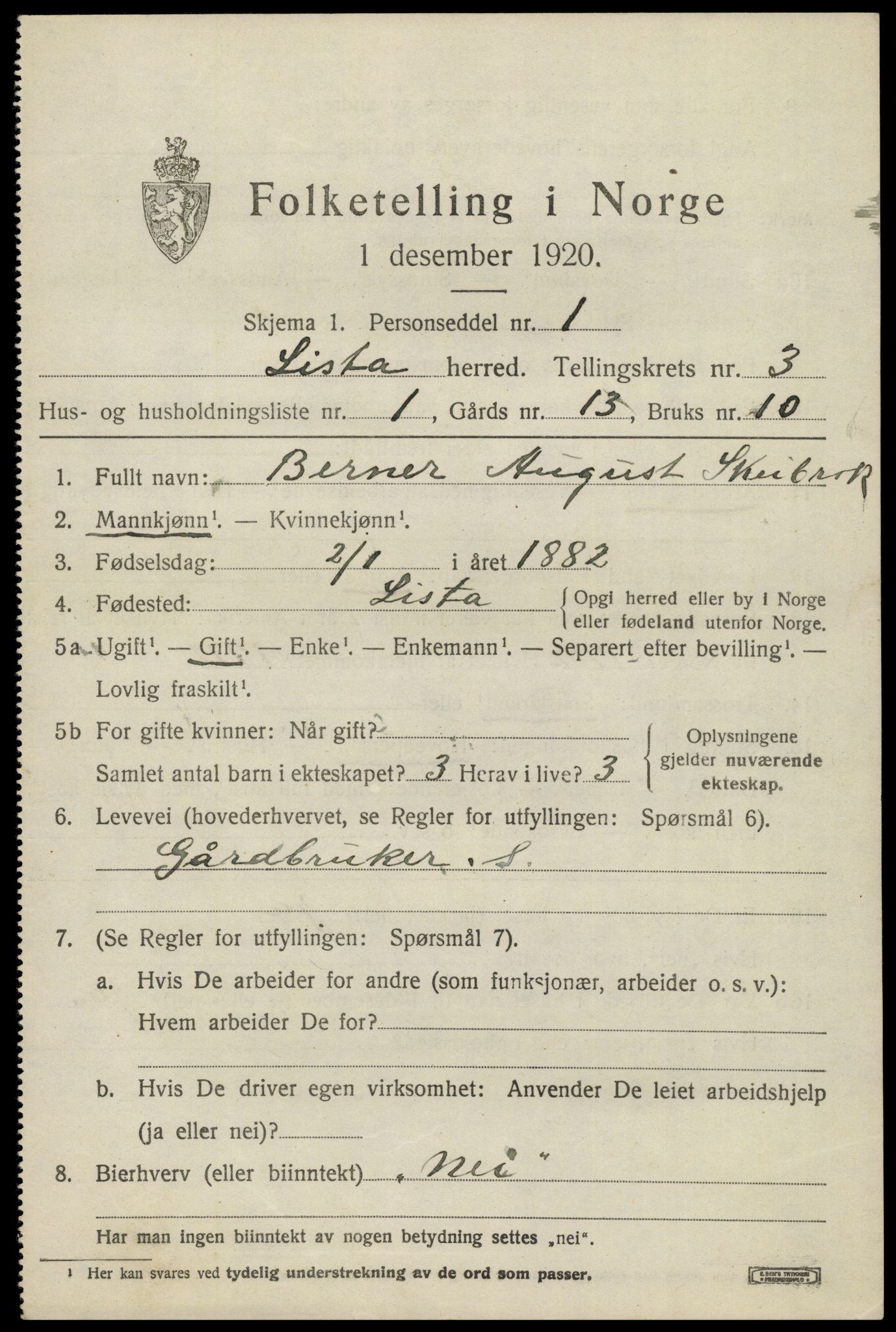 SAK, 1920 census for Lista, 1920, p. 4417