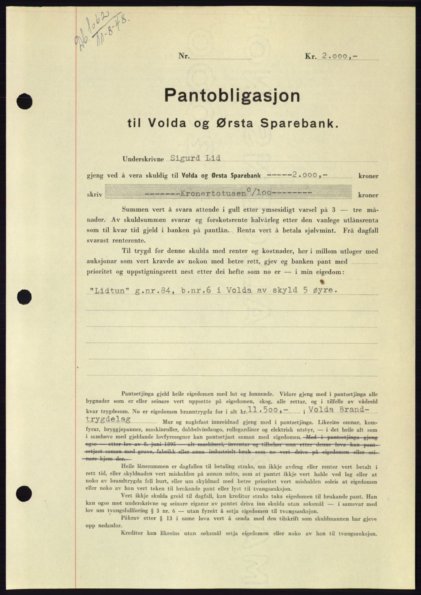 Søre Sunnmøre sorenskriveri, AV/SAT-A-4122/1/2/2C/L0116: Mortgage book no. 4B, 1948-1949, Diary no: : 1062/1948