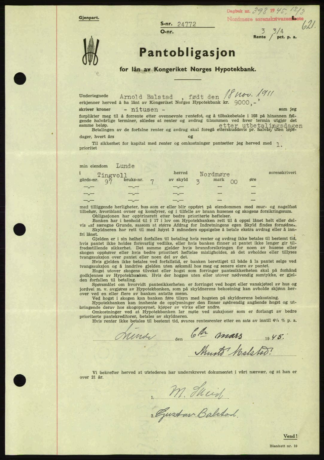 Nordmøre sorenskriveri, AV/SAT-A-4132/1/2/2Ca: Mortgage book no. B92, 1944-1945, Diary no: : 398/1945