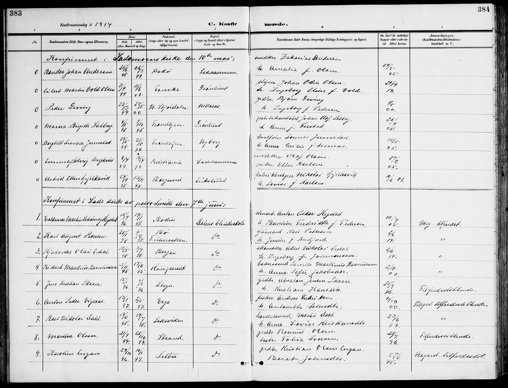 Ministerialprotokoller, klokkerbøker og fødselsregistre - Sør-Trøndelag, AV/SAT-A-1456/607/L0320: Parish register (official) no. 607A04, 1907-1915, p. 383-384